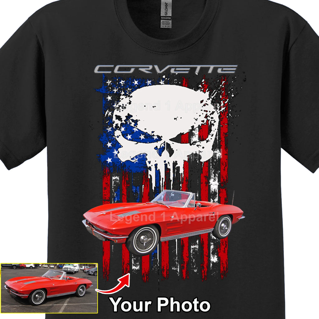 Your Classic Car or Hot Rod custom made T-shirt. Send us a picture of your car. Corvette USA Flag