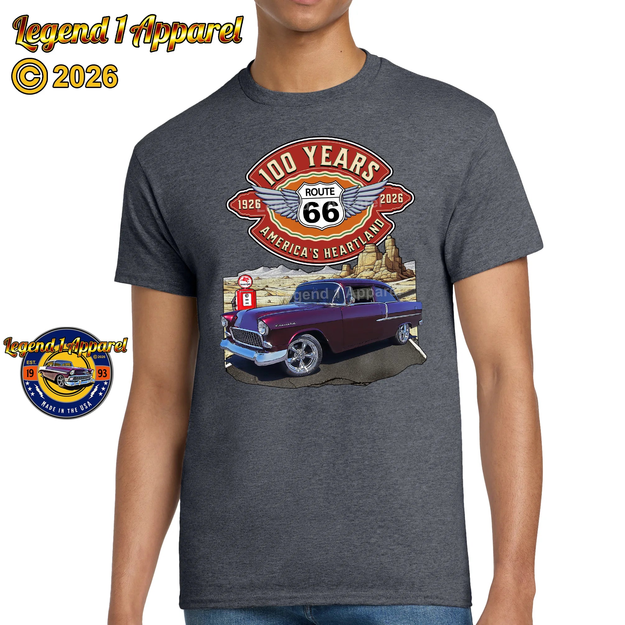 1955 Chevrolet 210 Del Ray Coupe Classic Car Graphic Tee – Route 66 100 Years T-Shirt