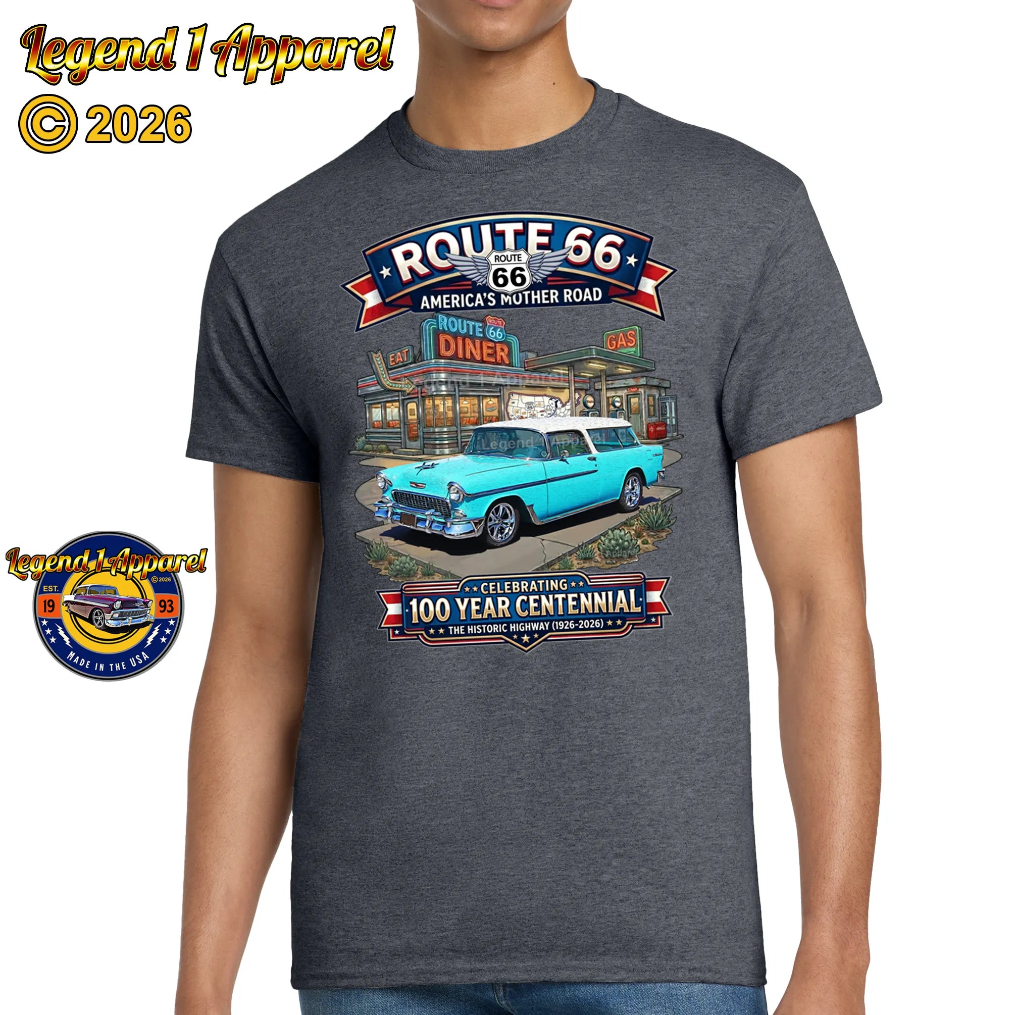 1955 Chevrolet Nomad Bel Air Classic Car Graphic Tee – Route 66 Centennial T-Shirt