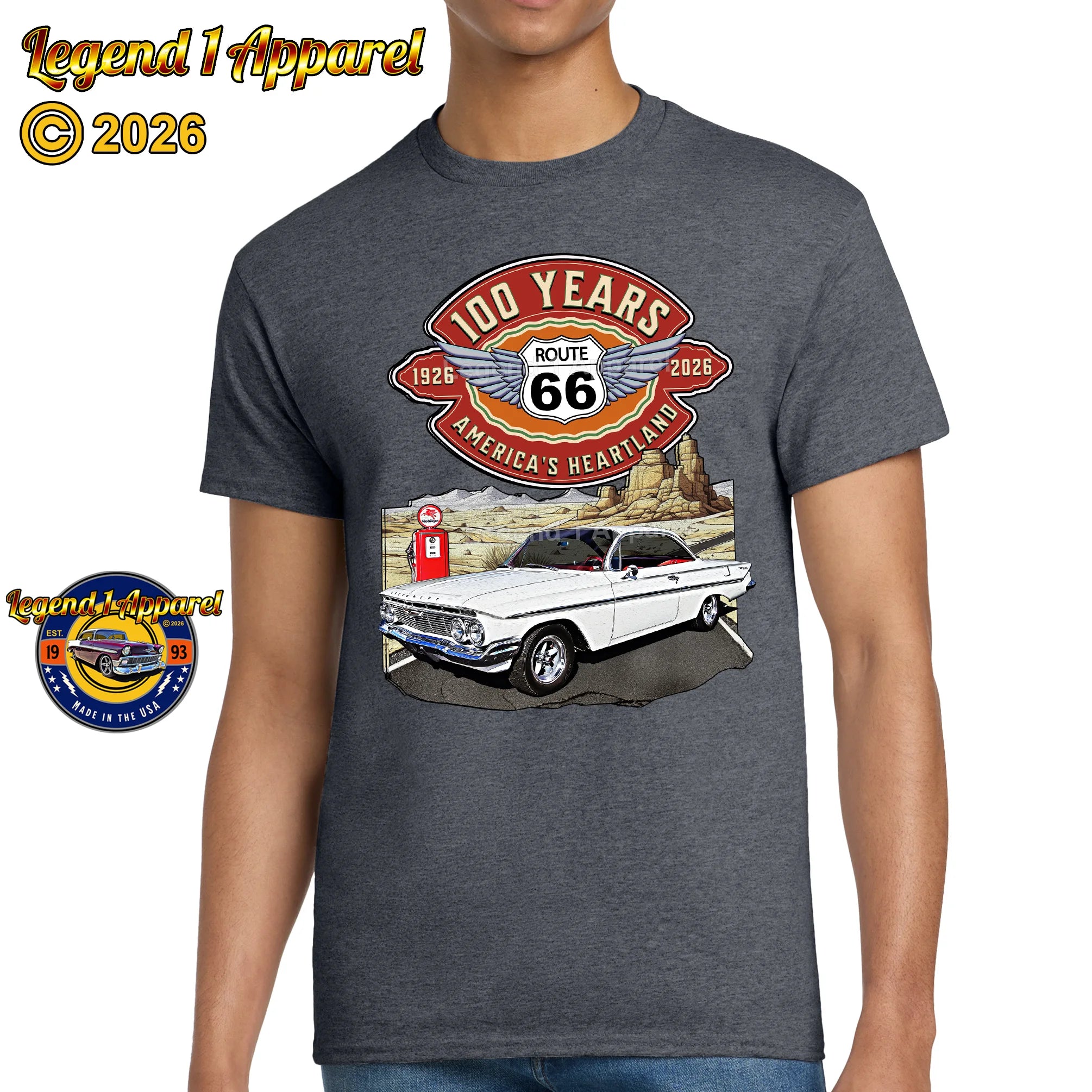 1961 Chevrolet Bel Air Bubble Top Classic Car Graphic Tee – Route 66 100 Years T-Shirt