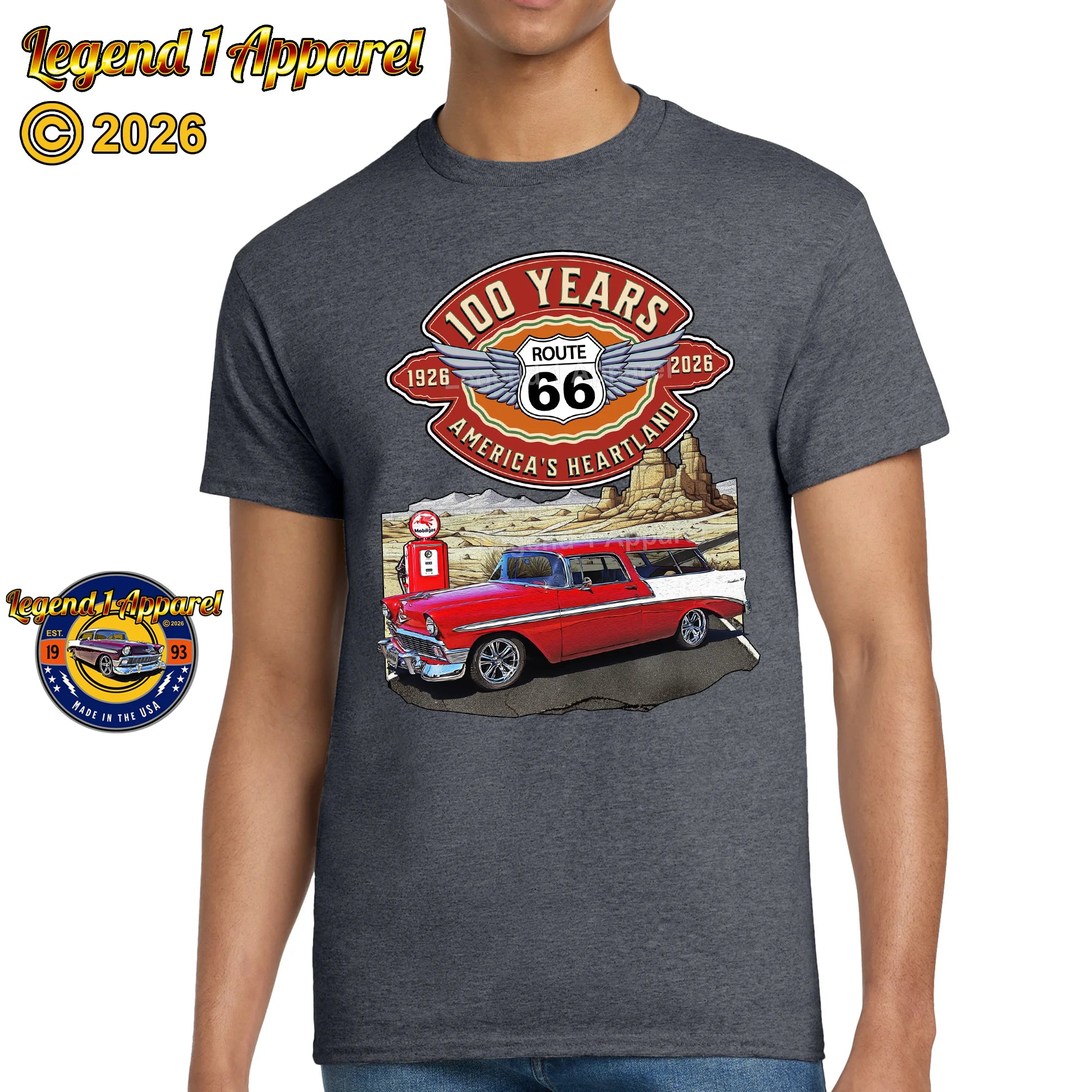 1956 Chevrolet Bel Air Nomad Classic Car Graphic Tee – Route 66 100 Years T-Shirt