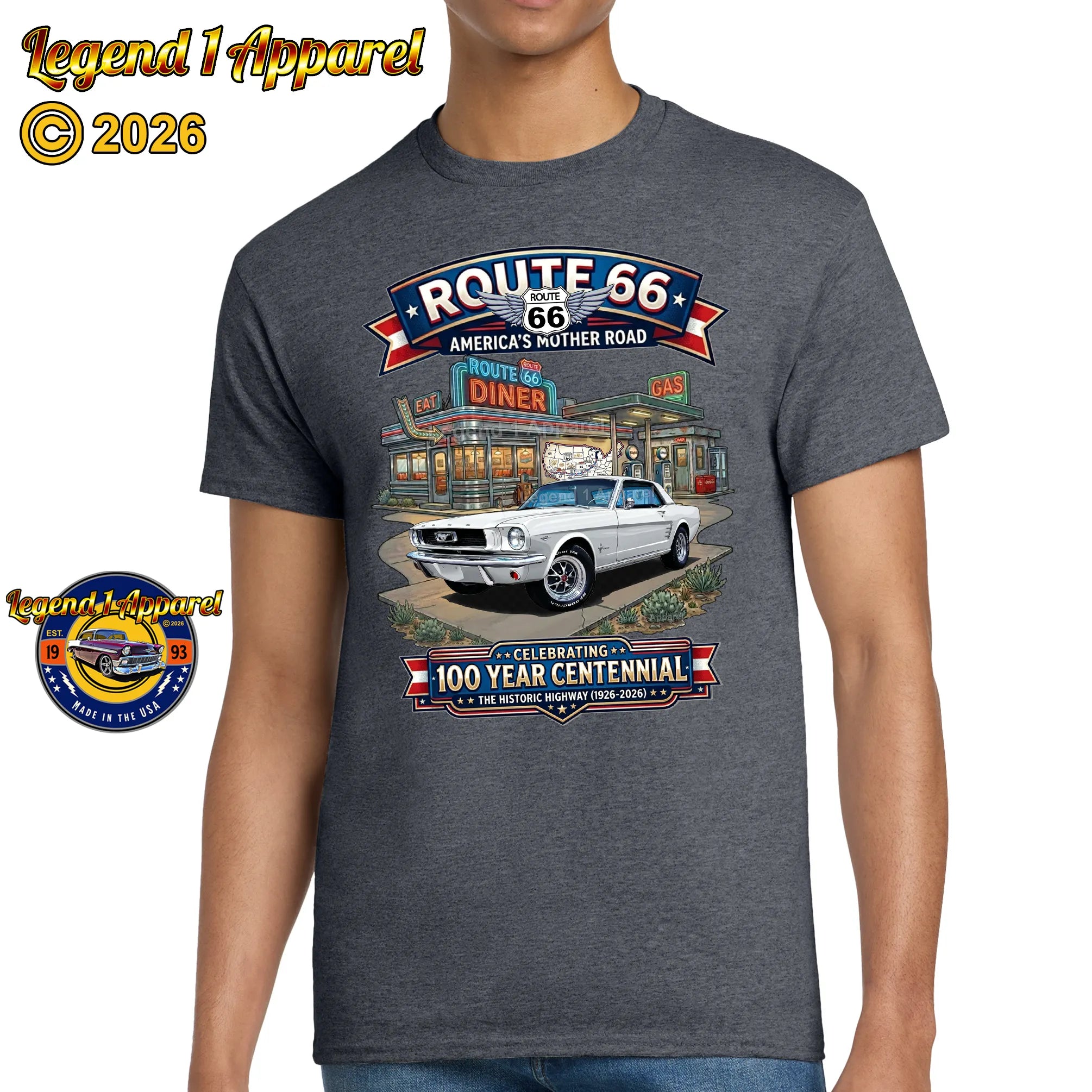1966 Ford Mustang Hardtop Classic Car Graphic Tee – Route 66 Centennial T-Shirt