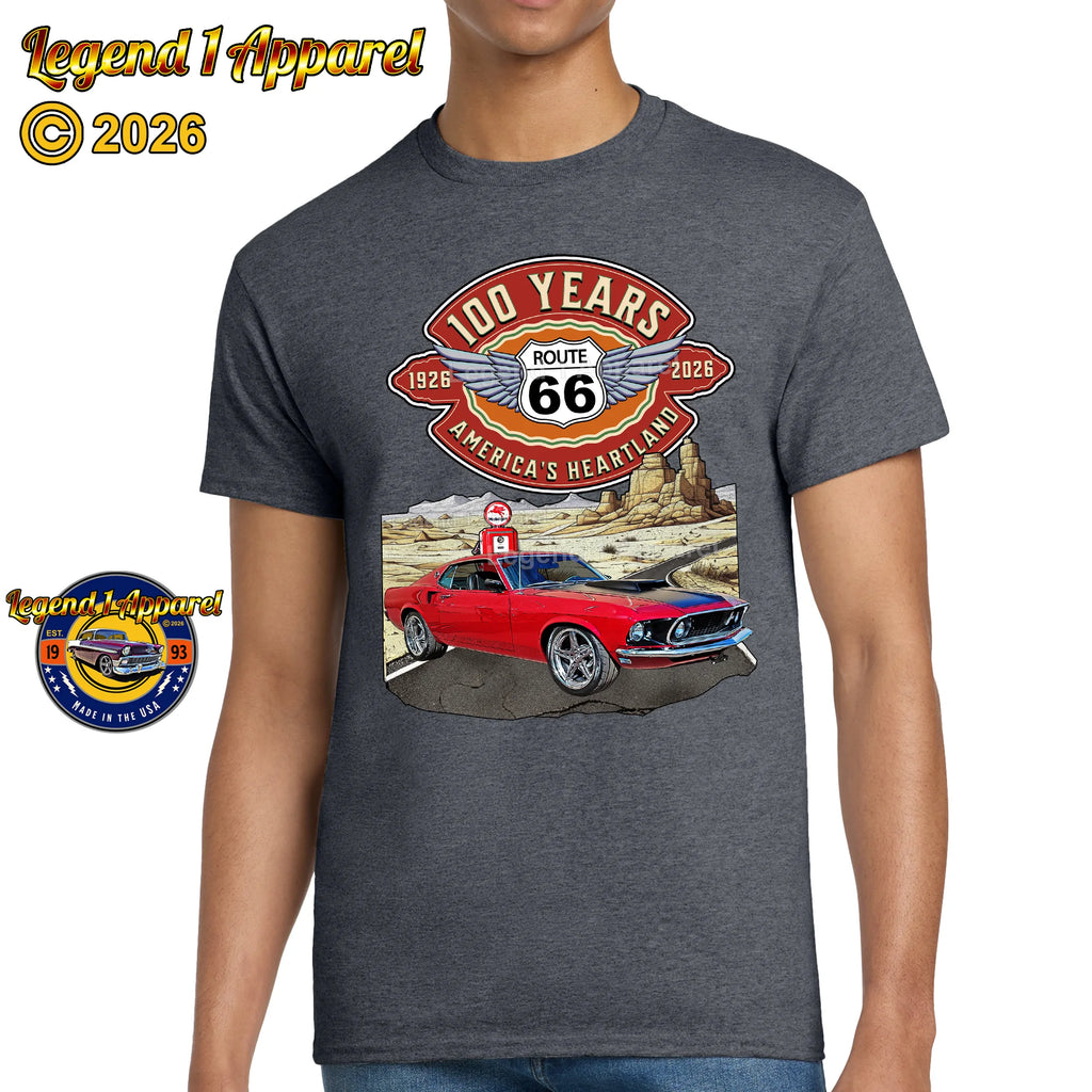 1969 Ford Mustang Fastback Classic Car Graphic Tee – Route 66 100 Years T-Shirt
