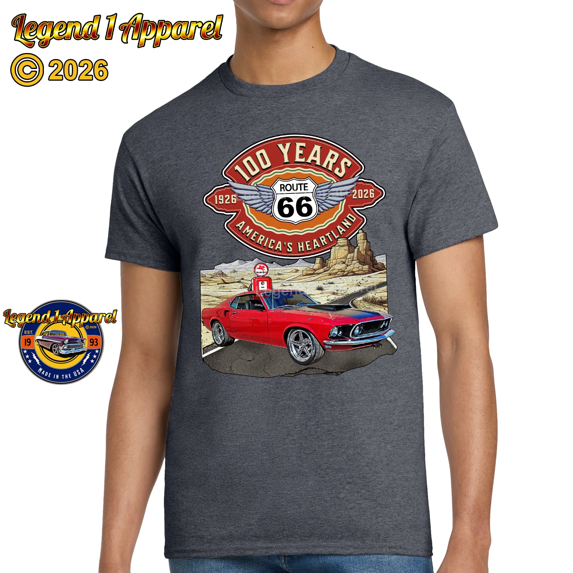 1969 Ford Mustang Fastback Classic Car Graphic Tee – Route 66 100 Years T-Shirt