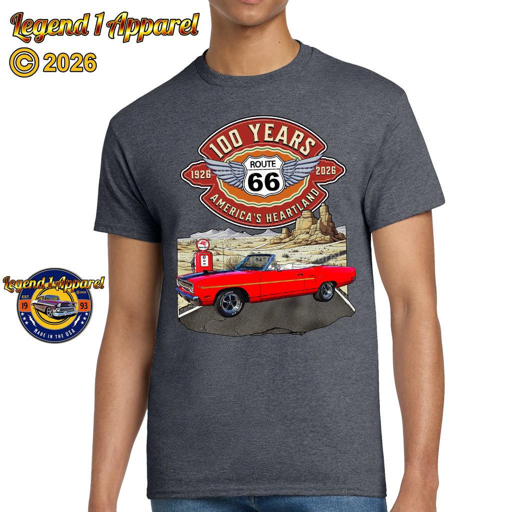 1970 Plymouth RoadRunner Classic Car Graphic Tee – Route 66 100 Years T-Shirt