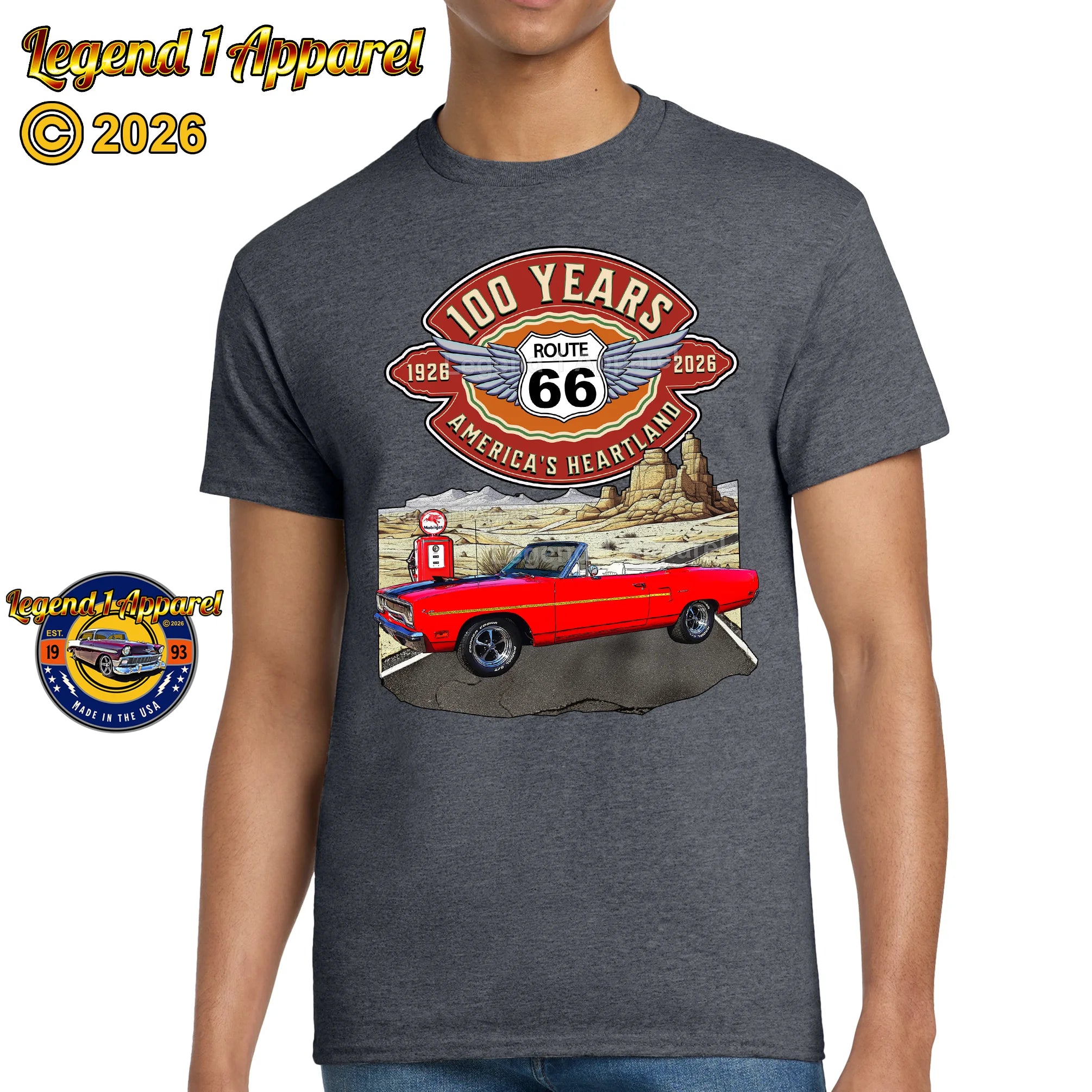 1970 Plymouth RoadRunner Classic Car Graphic Tee – Route 66 100 Years T-Shirt