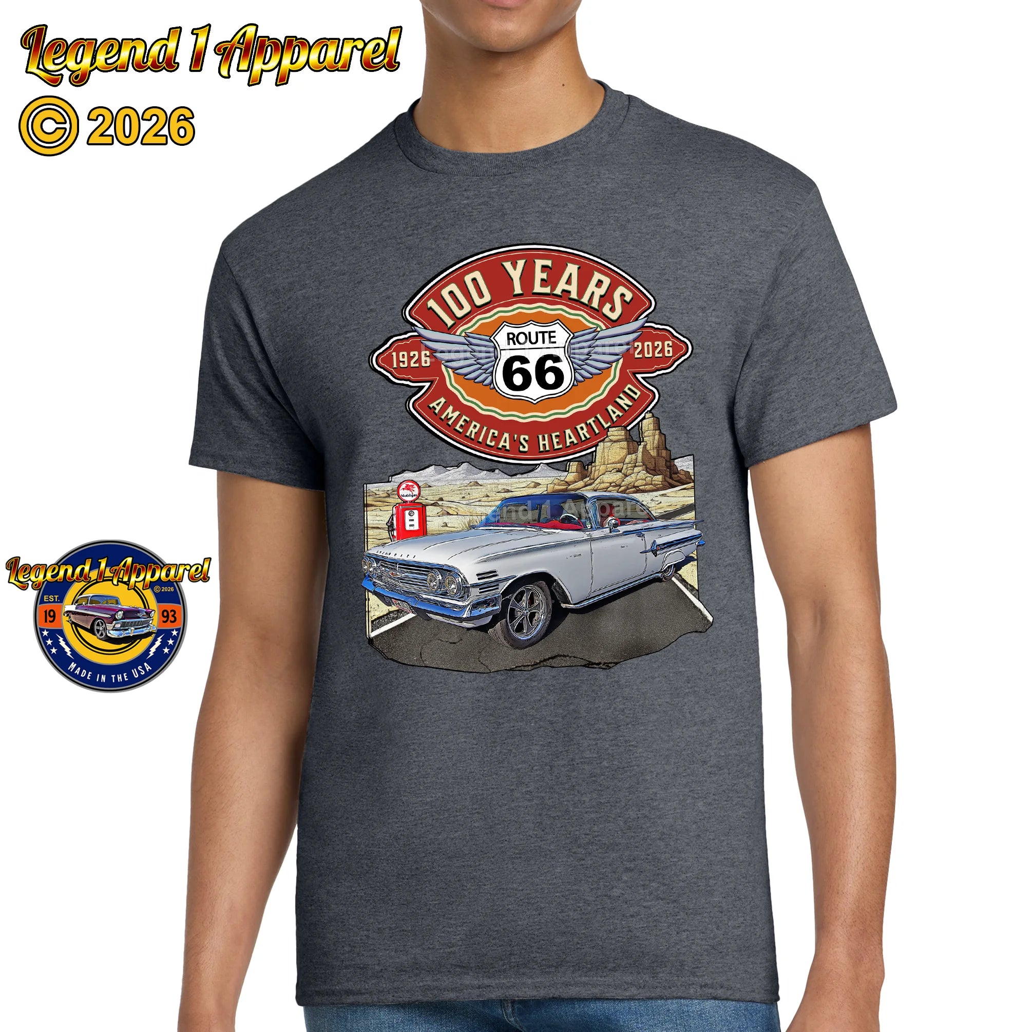1960 Chevrolet Impala SS Classic Car Graphic Tee – Route 66 100 Years T-Shirt