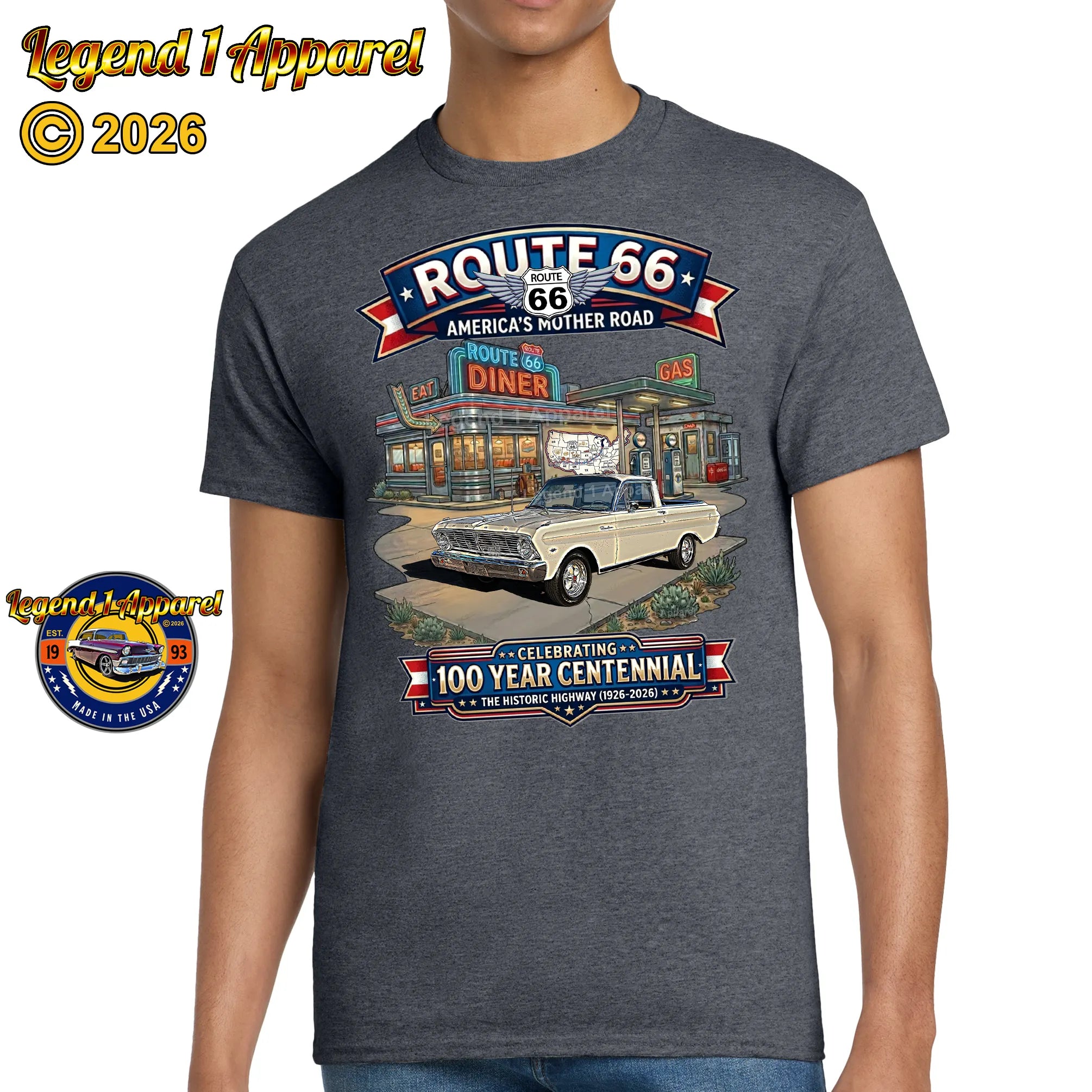 1965 Ford Ranchero Classic Car Graphic Tee – Route 66 Centennial T-Shirt