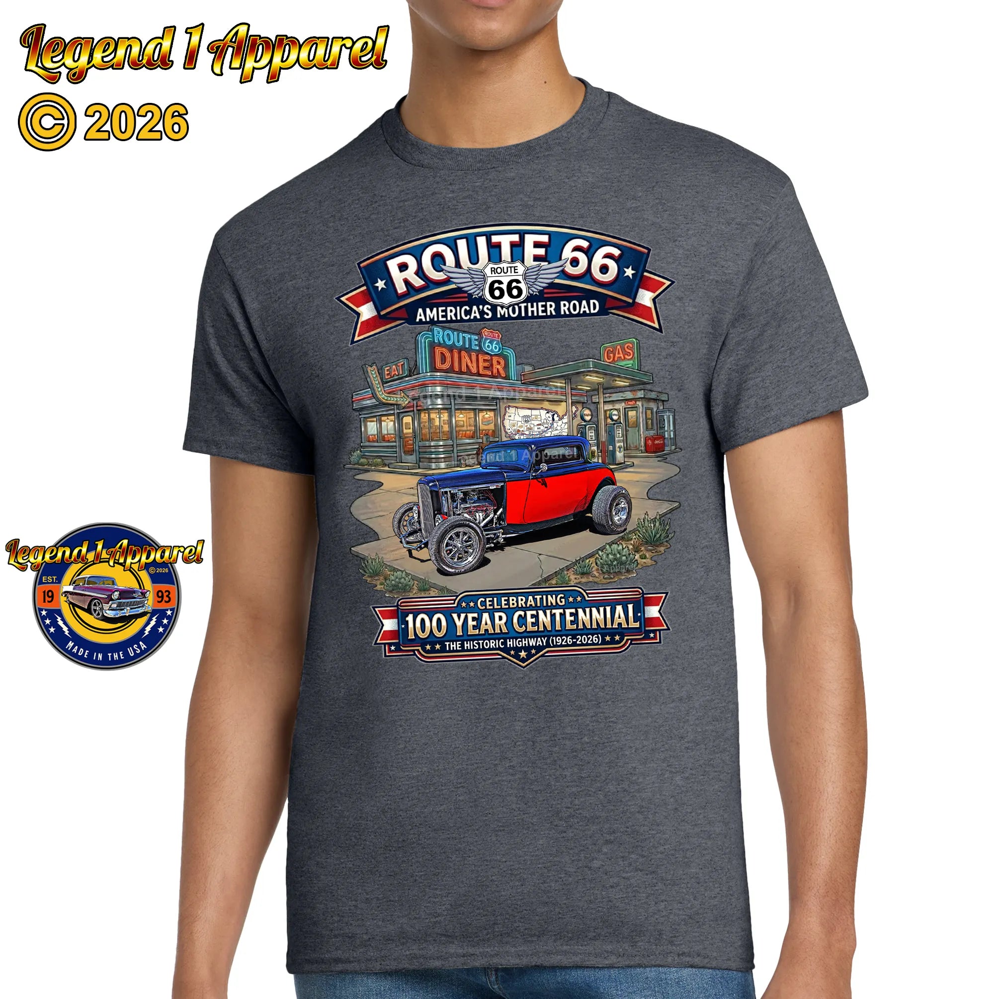 1932 Ford Deuce Coupe Classic Car Graphic Tee – Route 66 Centennial T-Shirt