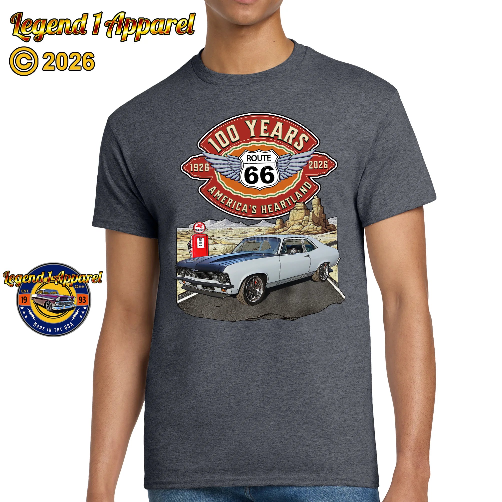 1972 Chevrolet Nova SS Classic Car Graphic Tee – Route 66 100 Years T-Shirt
