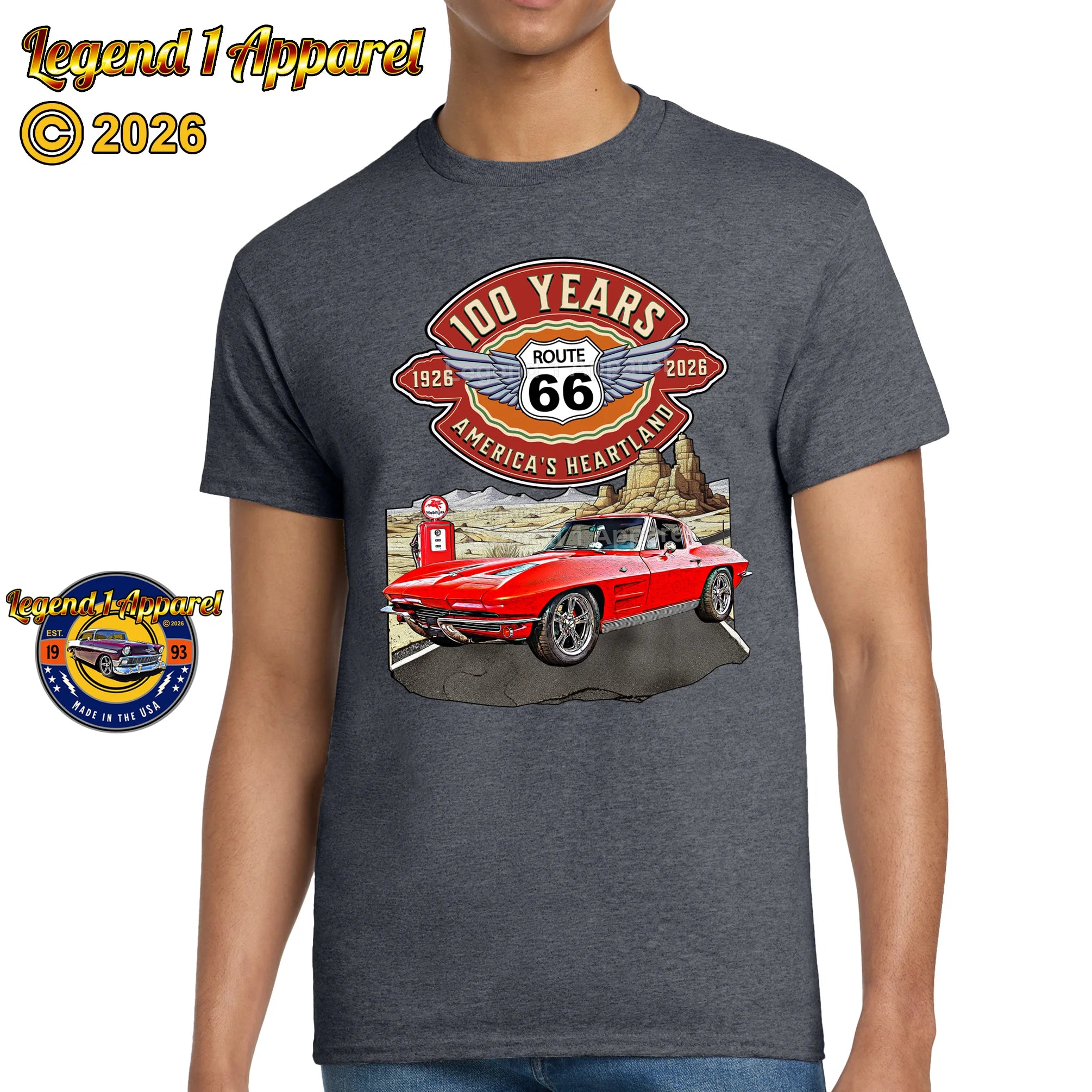 1963 Chevrolet Corvette C2 Classic Car Graphic Tee – Route 66 100 Years T-Shirt
