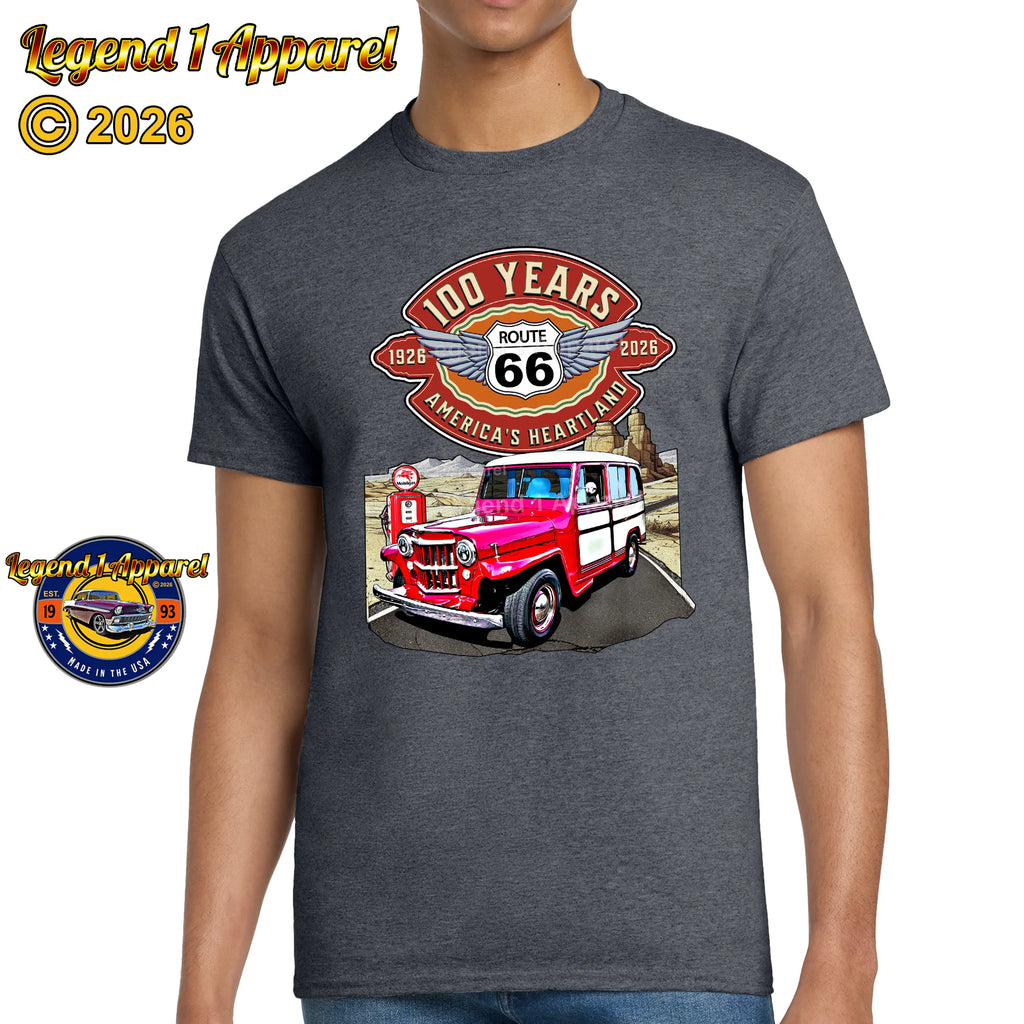 1957 Willys Wagon Classic Truck Graphic Tee – Route 66 100 Years T-Shirt