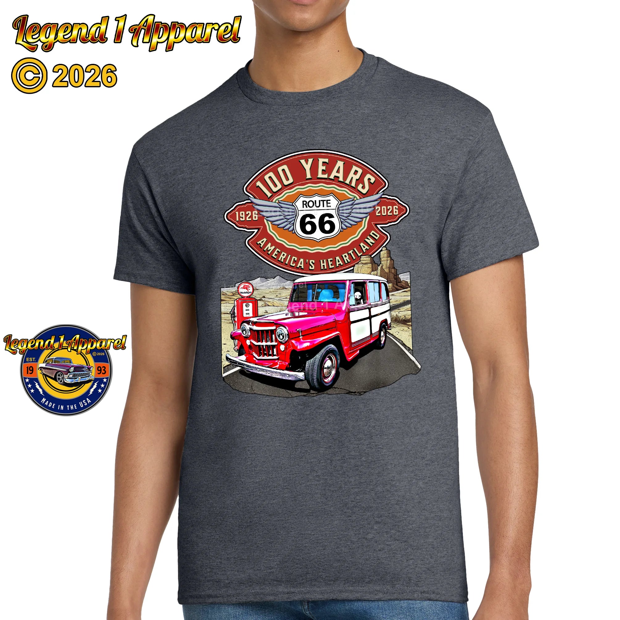 1957 Willys Wagon Classic Truck Graphic Tee – Route 66 100 Years T-Shirt