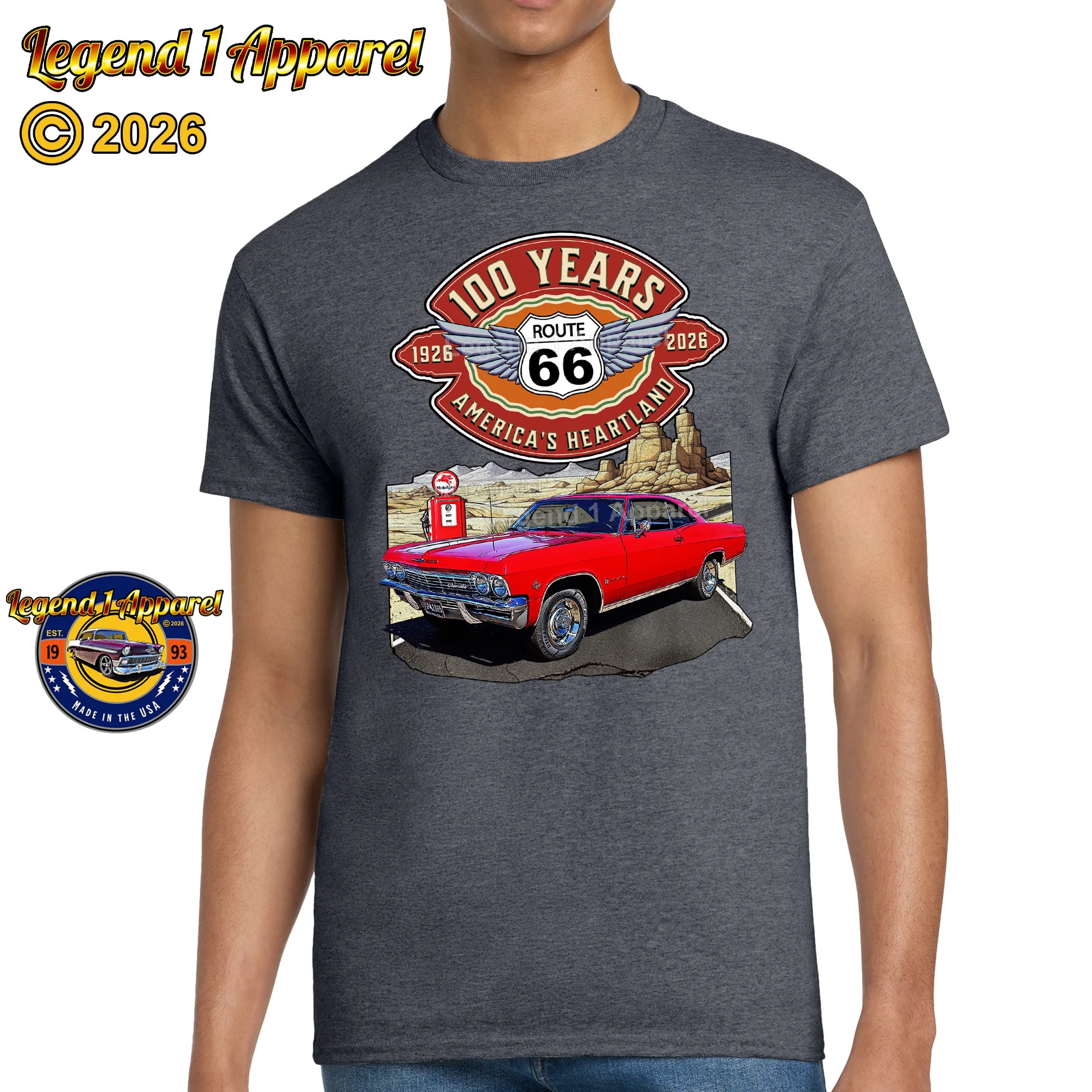 1965 Chevrolet Impala SS Classic Car Graphic Tee – Route 66 100 Years T-Shirt