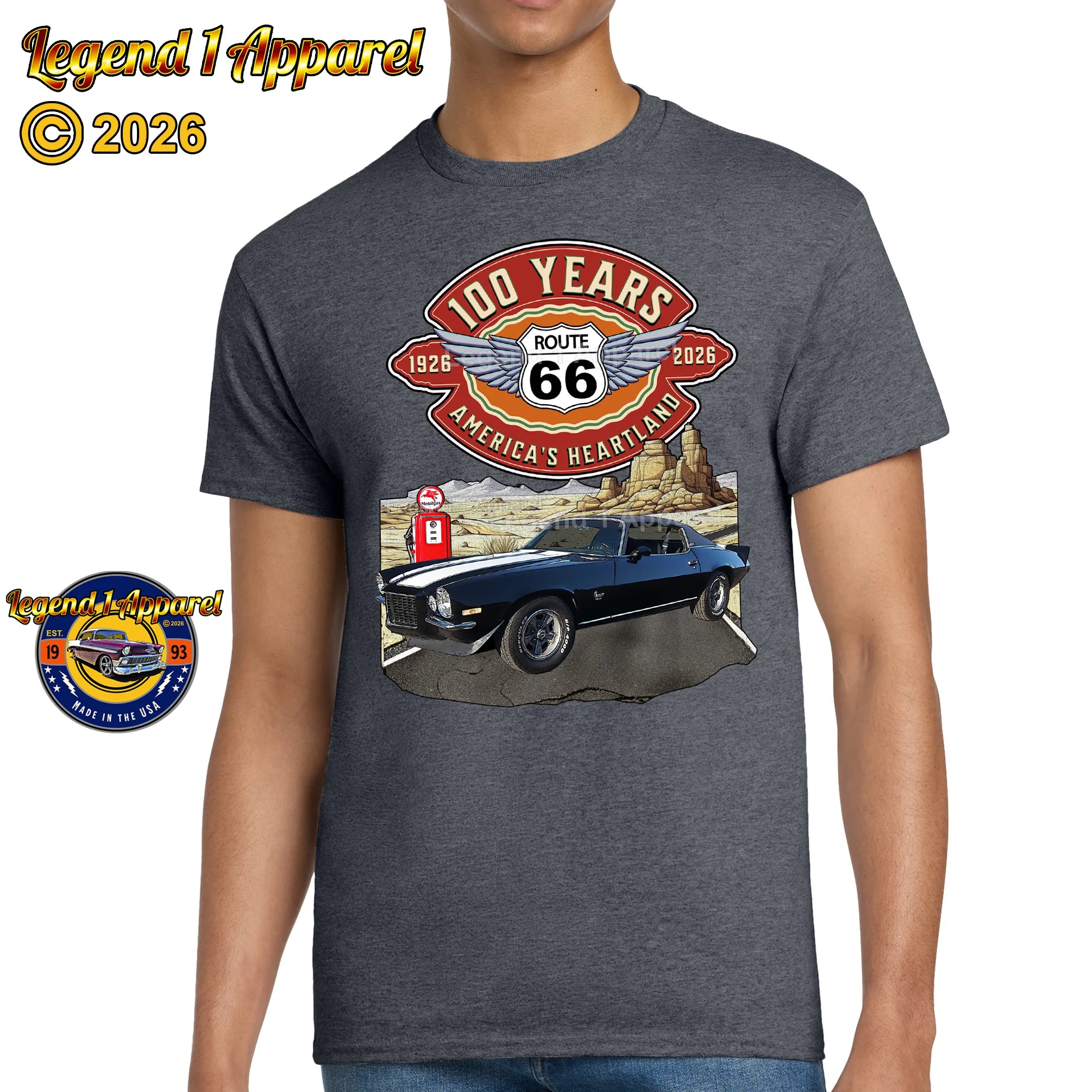 1973 Chevrolet Camaro Classic Car Graphic Tee – Route 66 100 Years T-Shirt