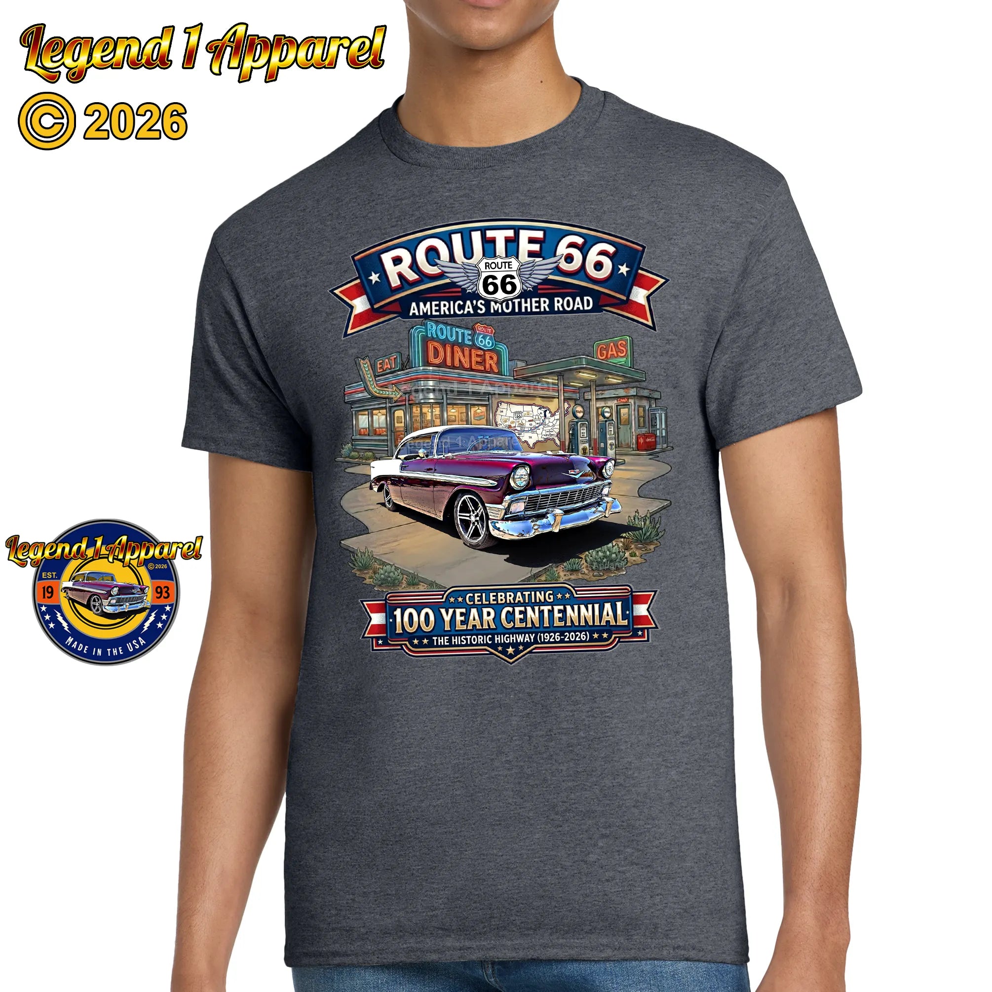 1956 Chevrolet Bel Air Coupe Classic Car Graphic Tee – Route 66 Centennial T-Shirt