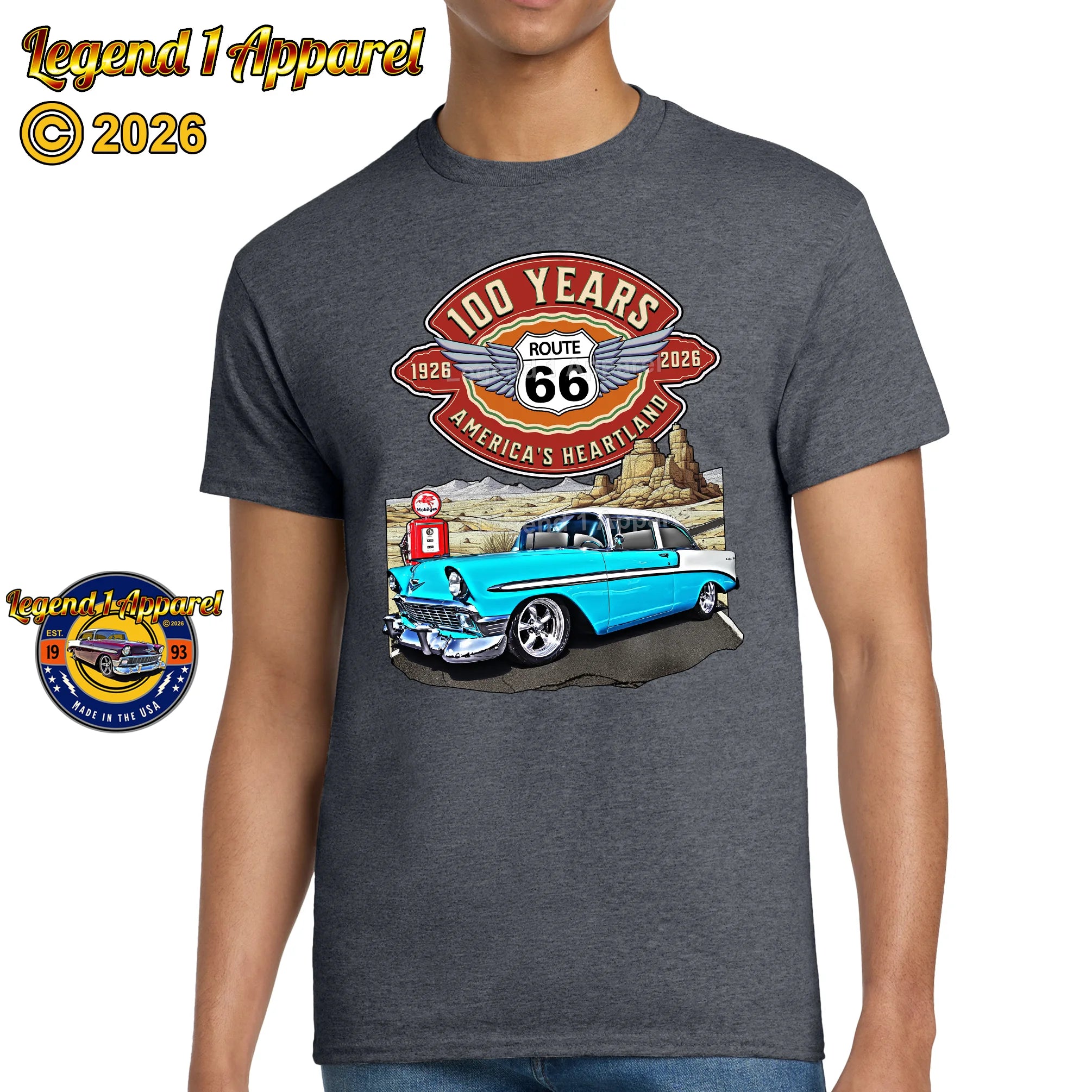 1956 Chevrolet Bel Air Coupe Classic Car Graphic Tee – Route 66 100 Years T-Shirt