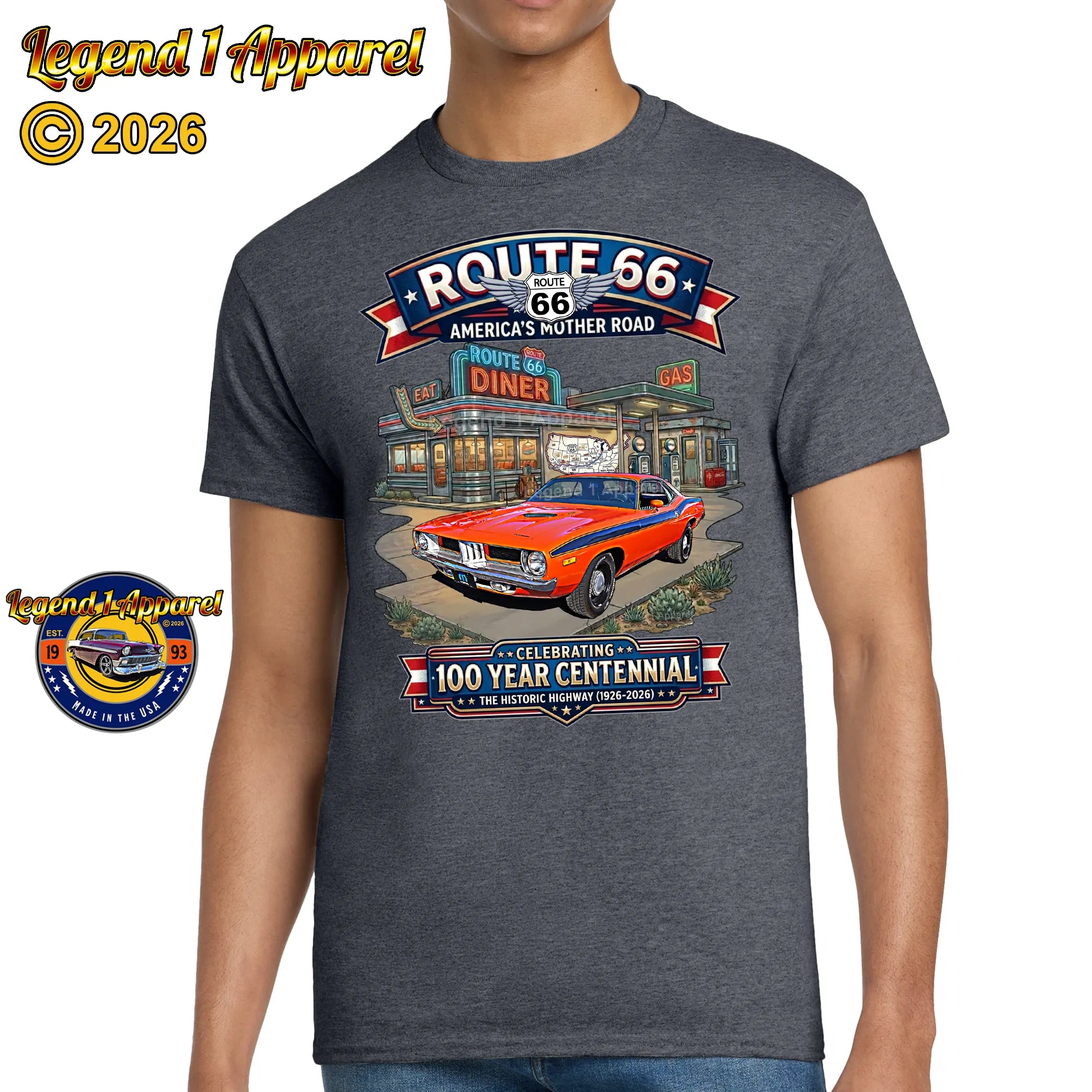 1972 Plymouth Cuda Classic Car Graphic Tee – Route 66 Centennial T-Shirt
