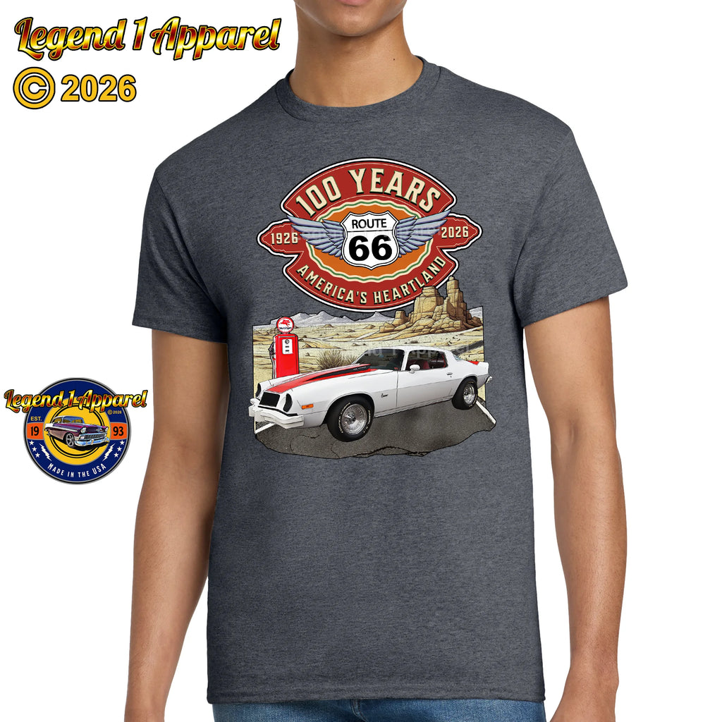 1976 Chevrolet Camaro Classic Car Graphic Tee – Route 66 100 Years T-Shirt