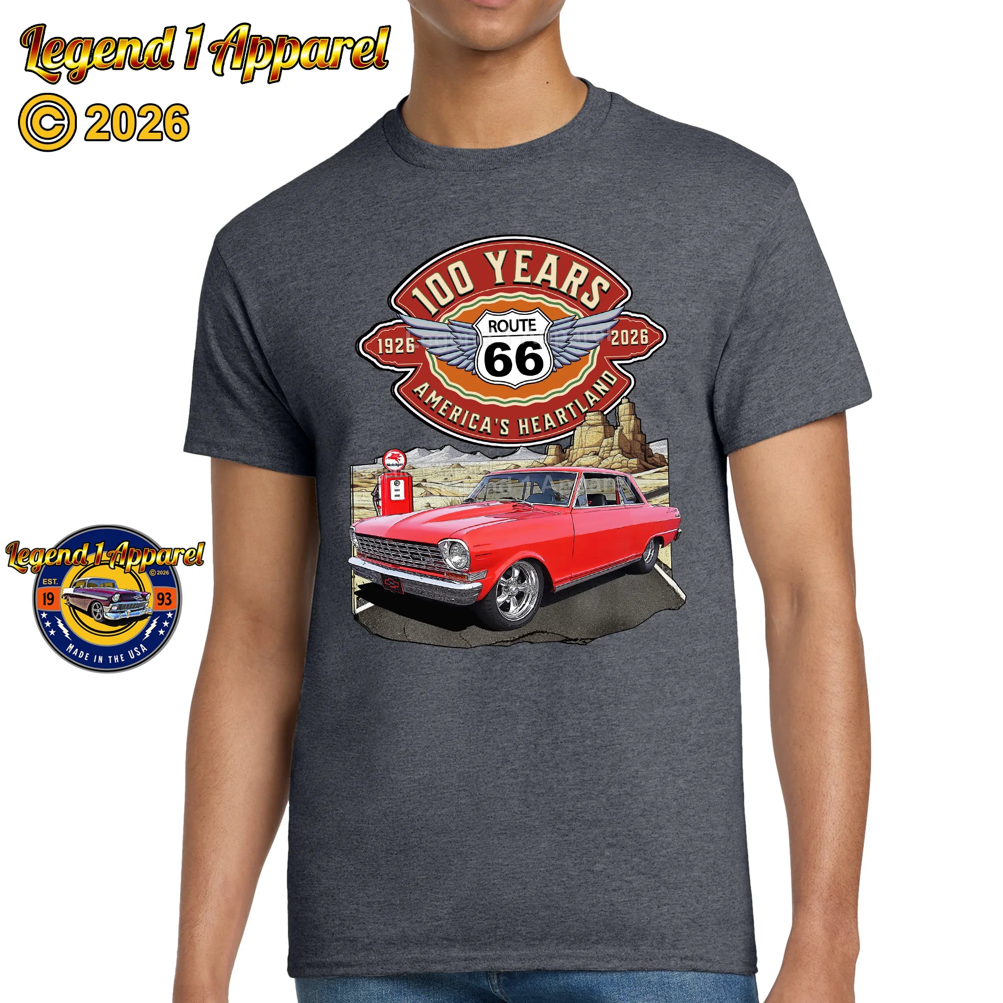 1964 Chevrolet Nova SS Classic Car Graphic Tee – Route 66 100 Years T-Shirt