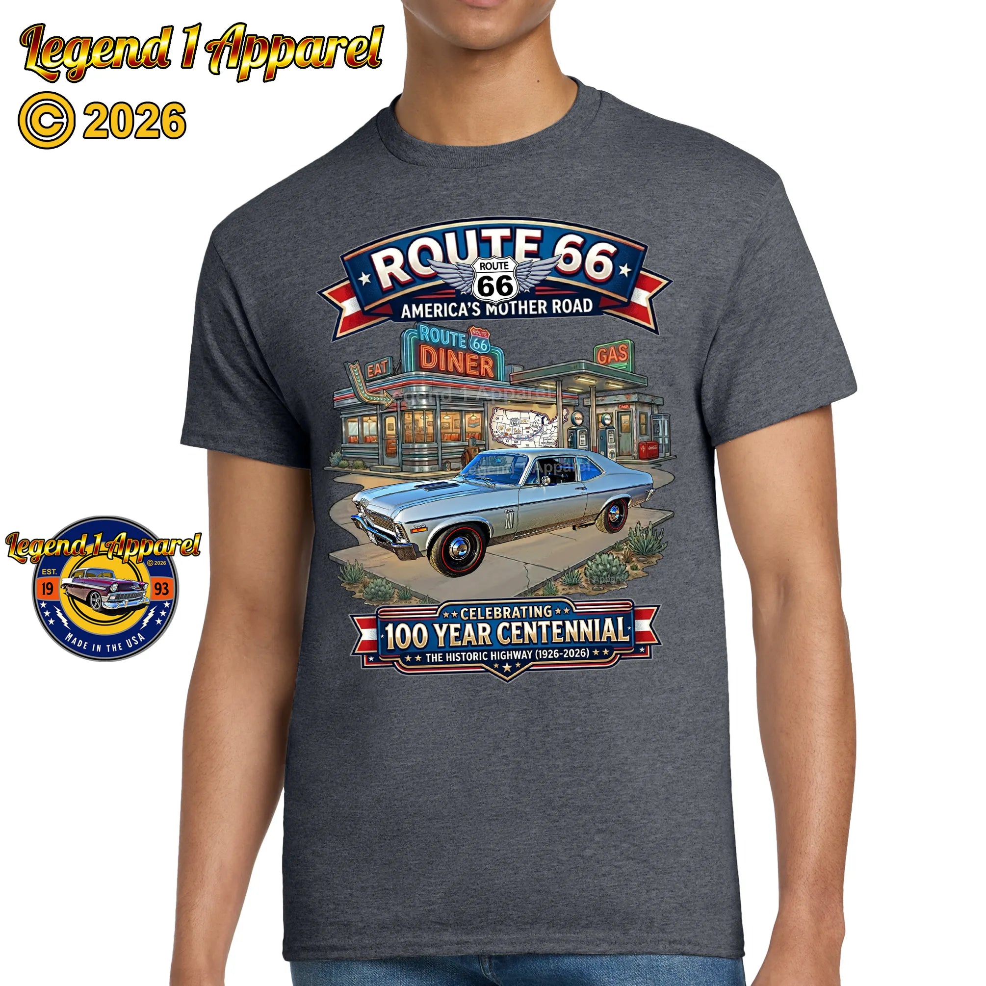 1970 Chevrolet Nova SS Classic Car Graphic Tee – Route 66 Centennial T-Shirt