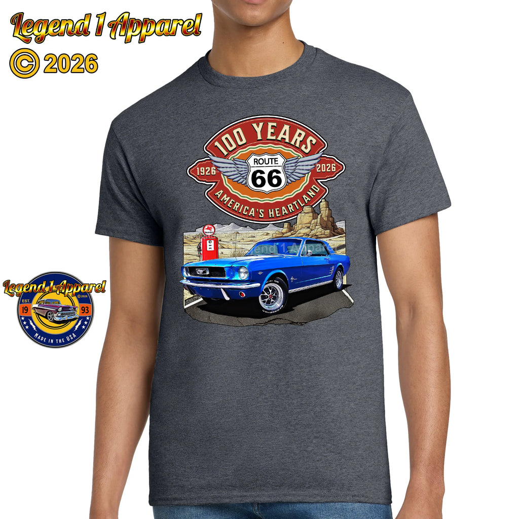 1966 Ford Mustang Hardtop Classic Car Graphic Tee – Route 66 100 Years T-Shirt