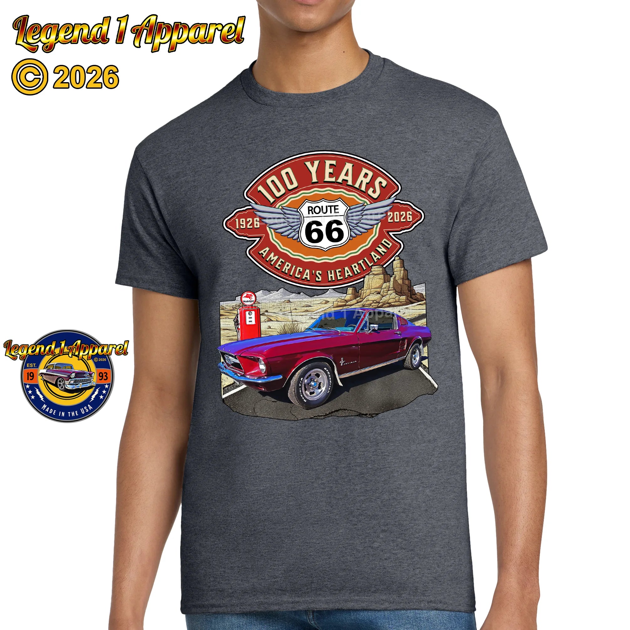 1967 Ford Mustang Fastback Classic Car Graphic Tee – Route 66 100 Years T-Shirt