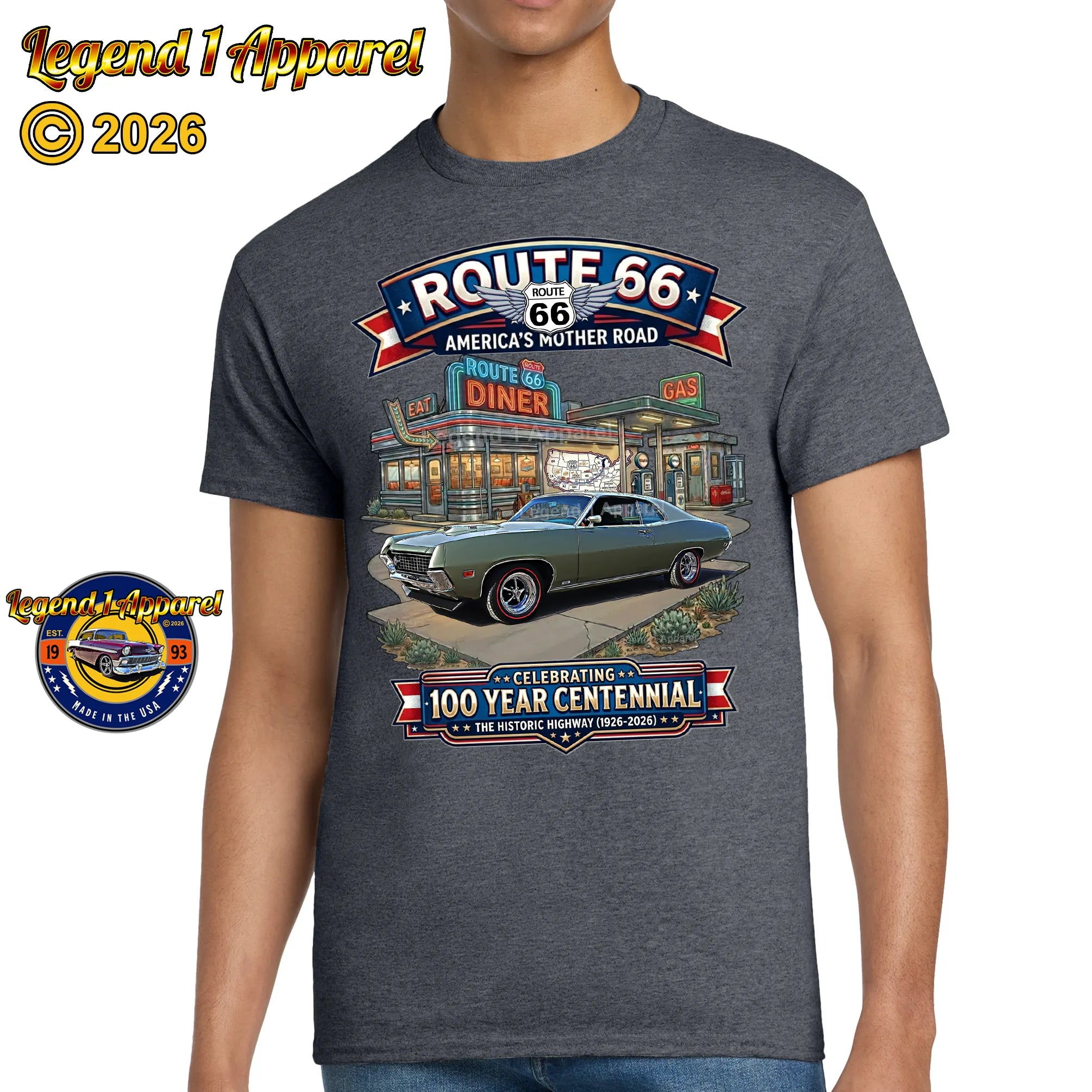 1970 Ford Torino Classic Car Graphic Tee – Route 66 Centennial T-Shirt