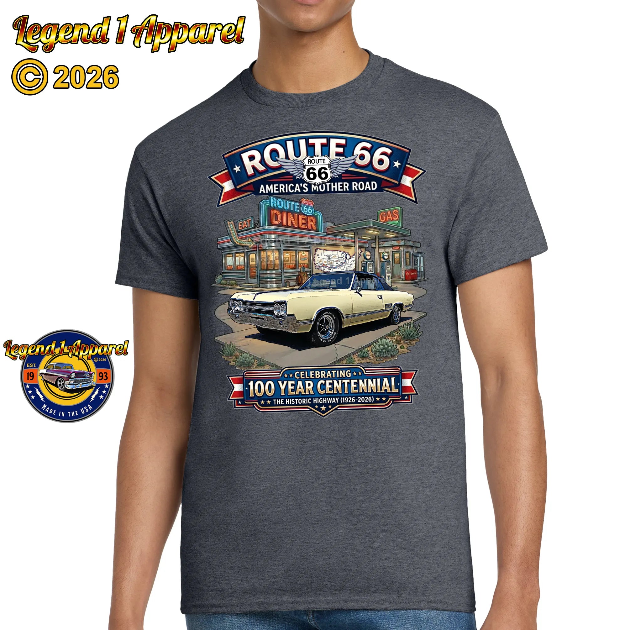 1965 Oldsmobile Cutlass 442 Classic Car Graphic Tee – Route 66 Centennial T-Shirt