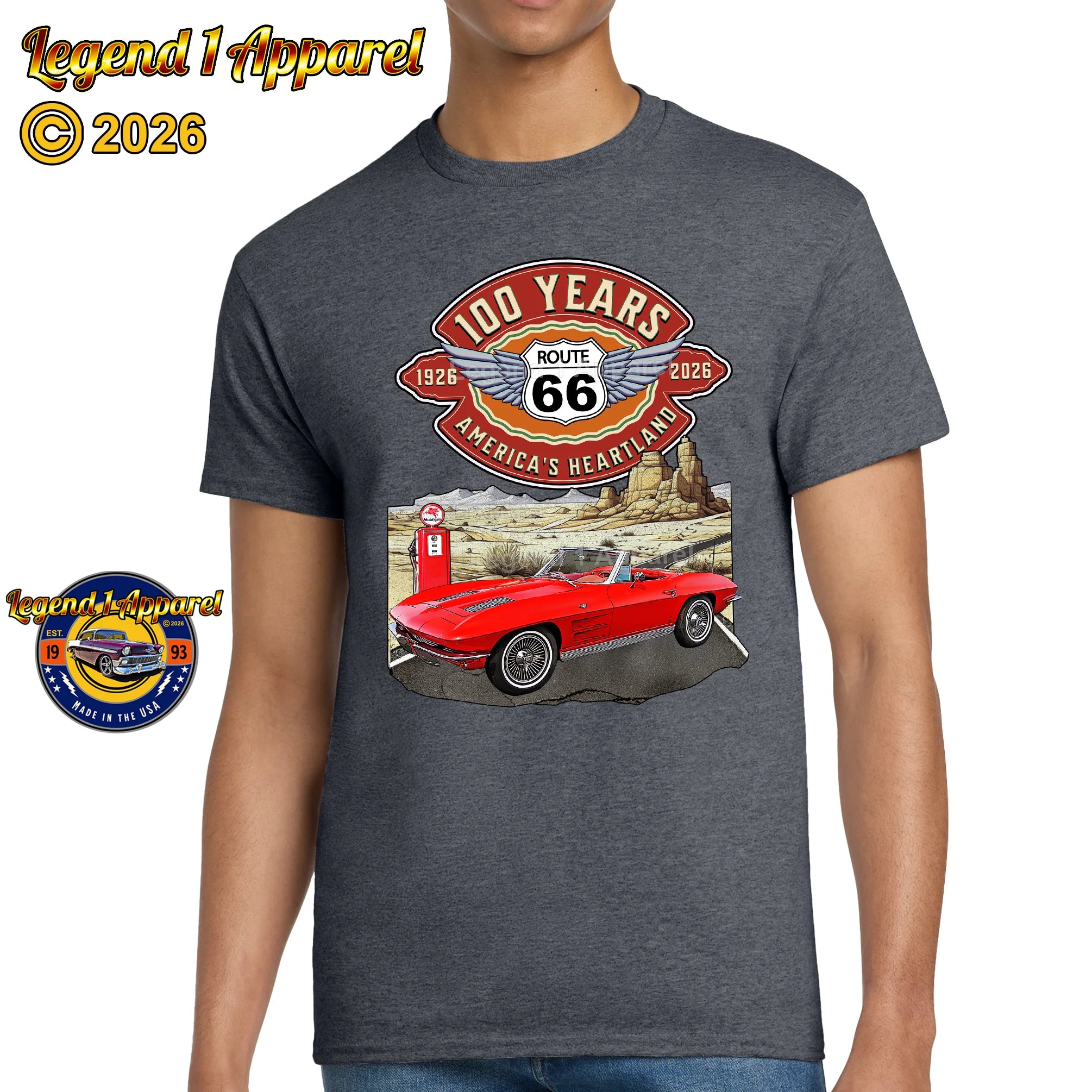 1963 Chevrolet Corvette C2 Classic Car Graphic Tee – Route 66 100 Years T-Shirt