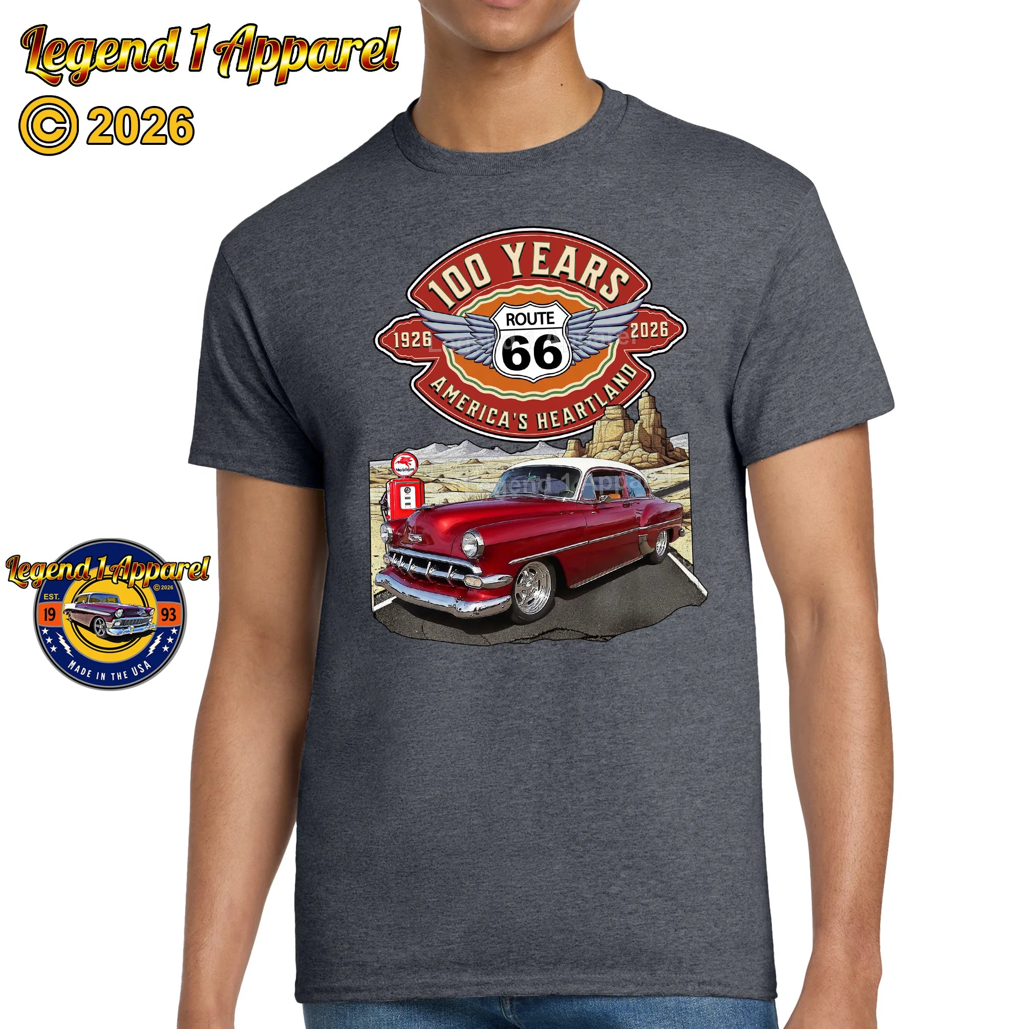 1954 Chevrolet Bel Air Coupe Classic Car Graphic Tee – Route 66 100 Years T-Shirt
