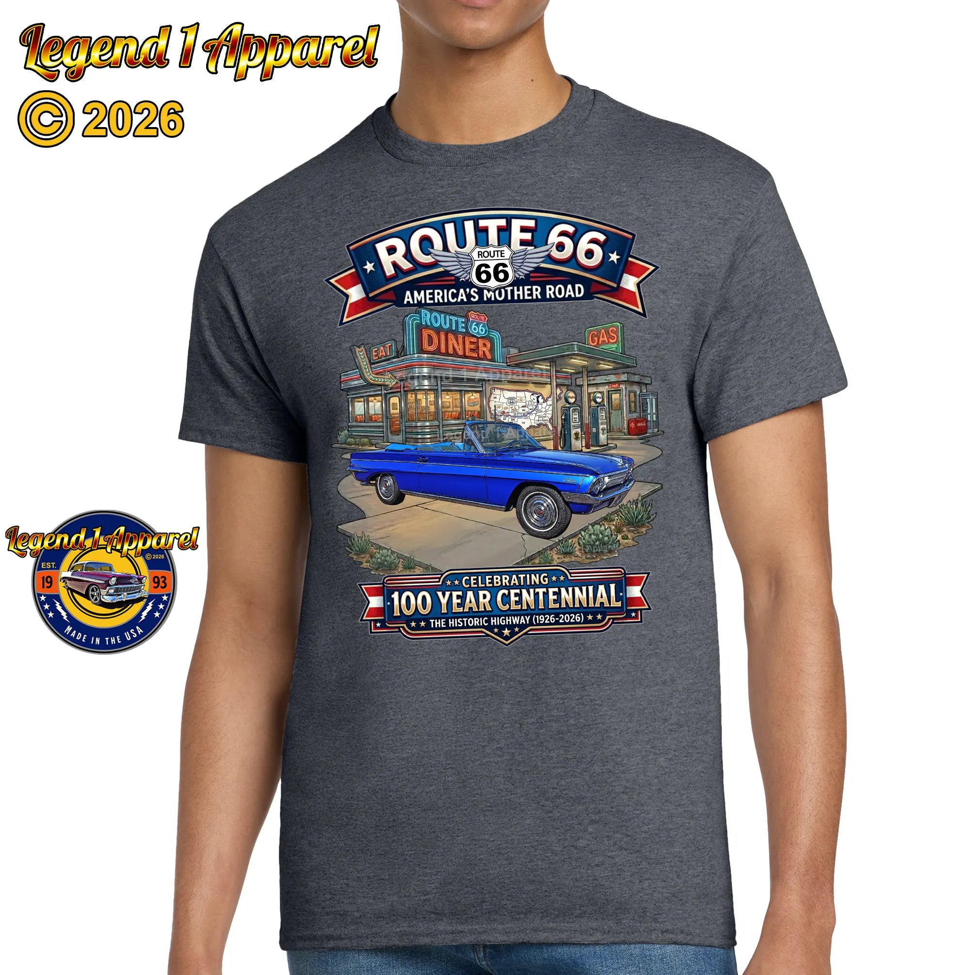 1962 Oldsmobile F85 Cutlass Convertible Classic Car Graphic Tee – Route 66 Centennial T-Shirt