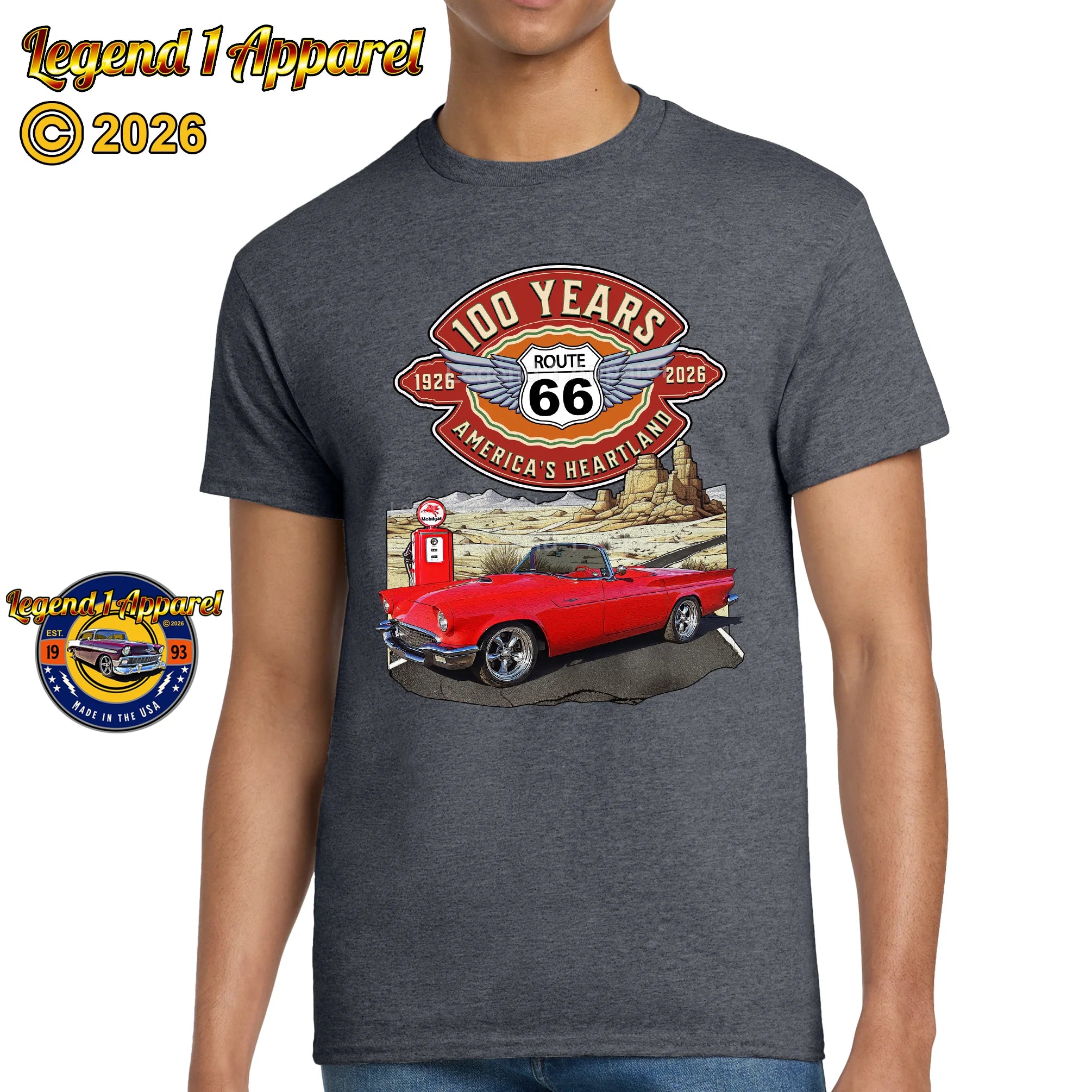 1957 Ford Thunderbird Classic Car Graphic Tee – Route 66 100 Years T-Shirt