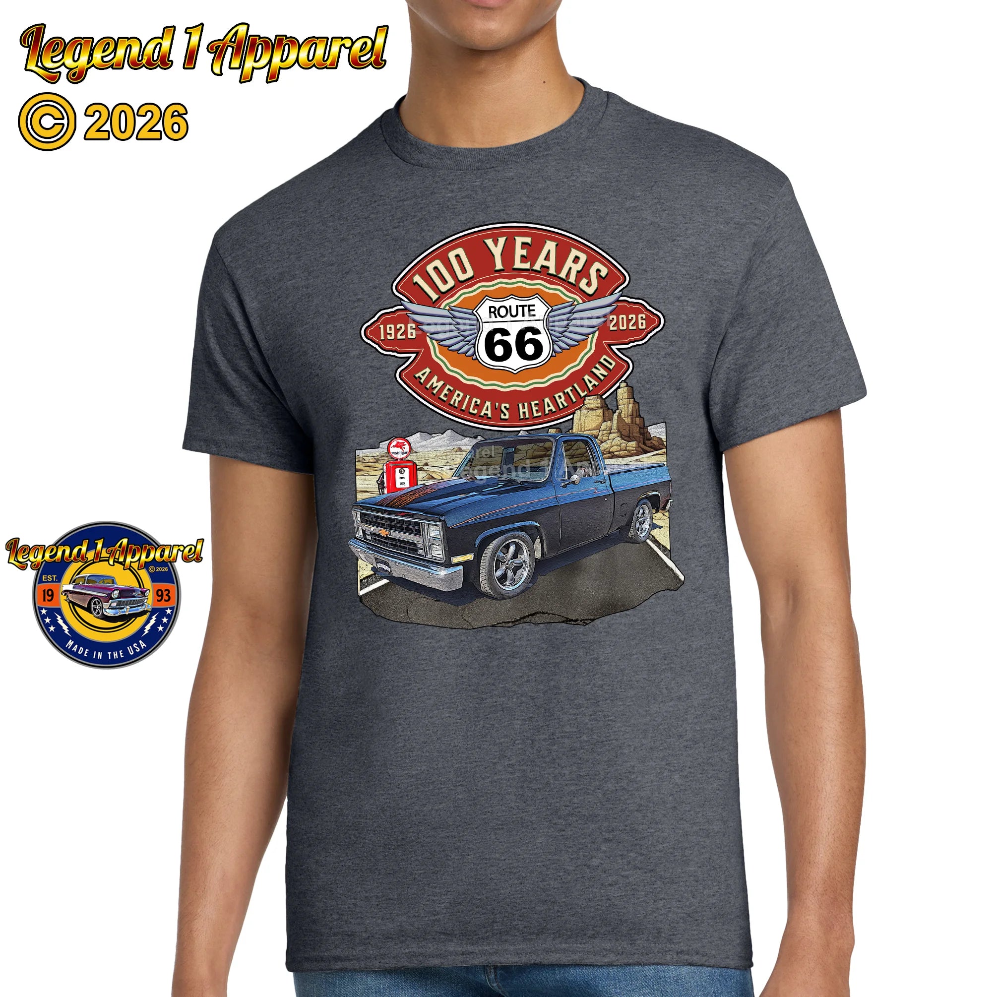 1985 Chevrolet Pick up Classic Square Body Truck Graphic Tee – Route 66 100 Years T-Shirt