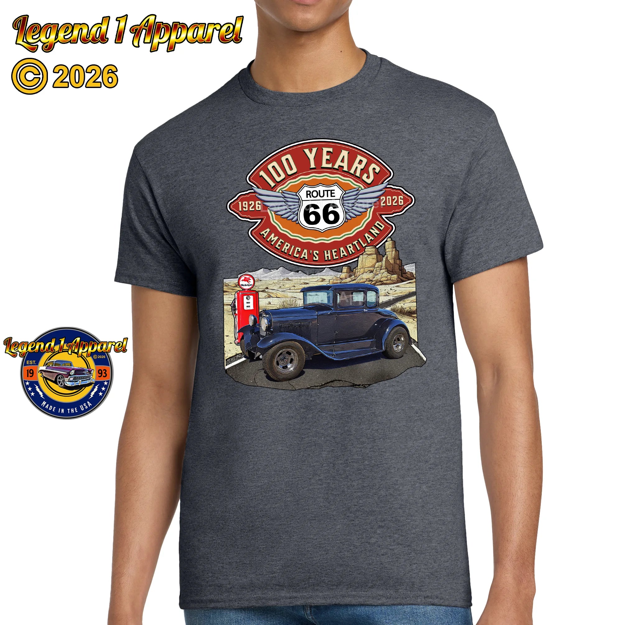 1930 Ford Model A Classic Car Graphic Tee – Route 66 100 Years T-Shirt