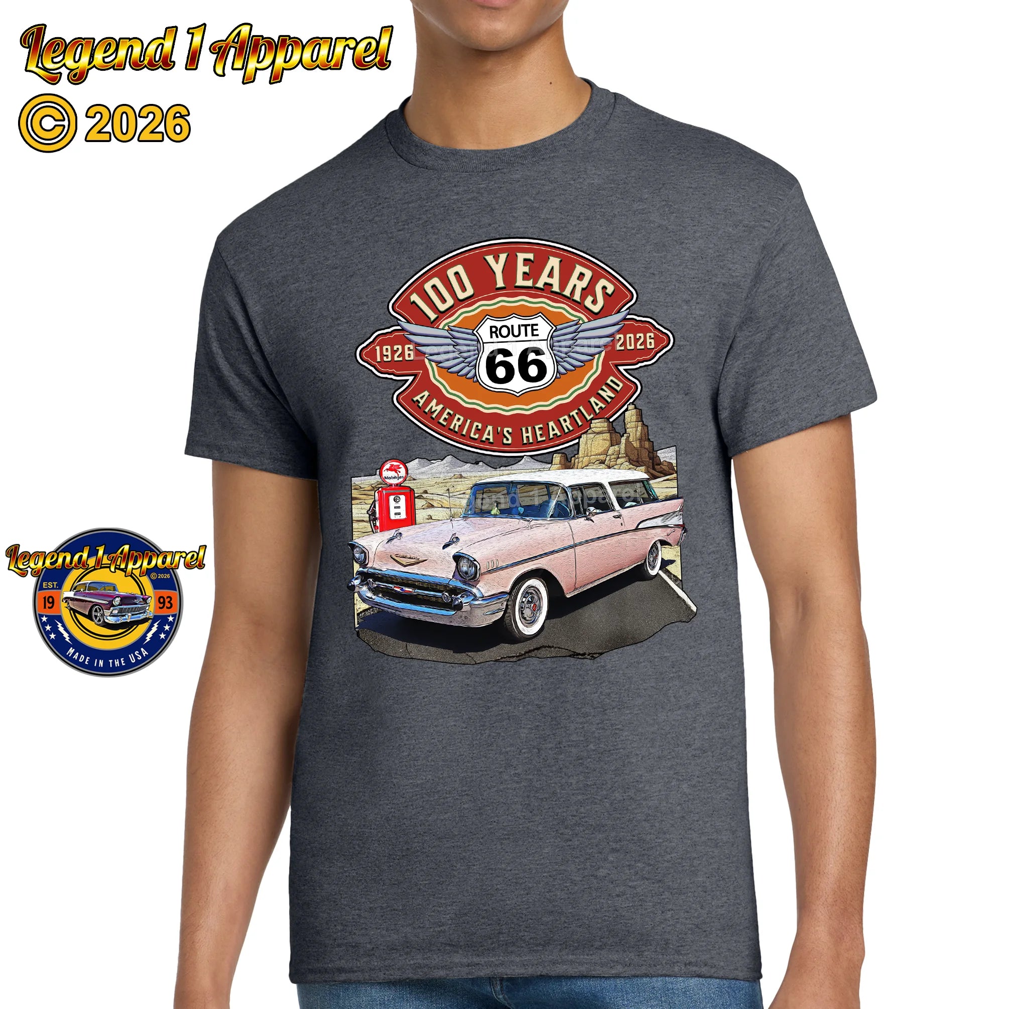 1957 Chevrolet Bel Air Nomad Classic Car Graphic Tee – Route 66 100 Years T-Shirt