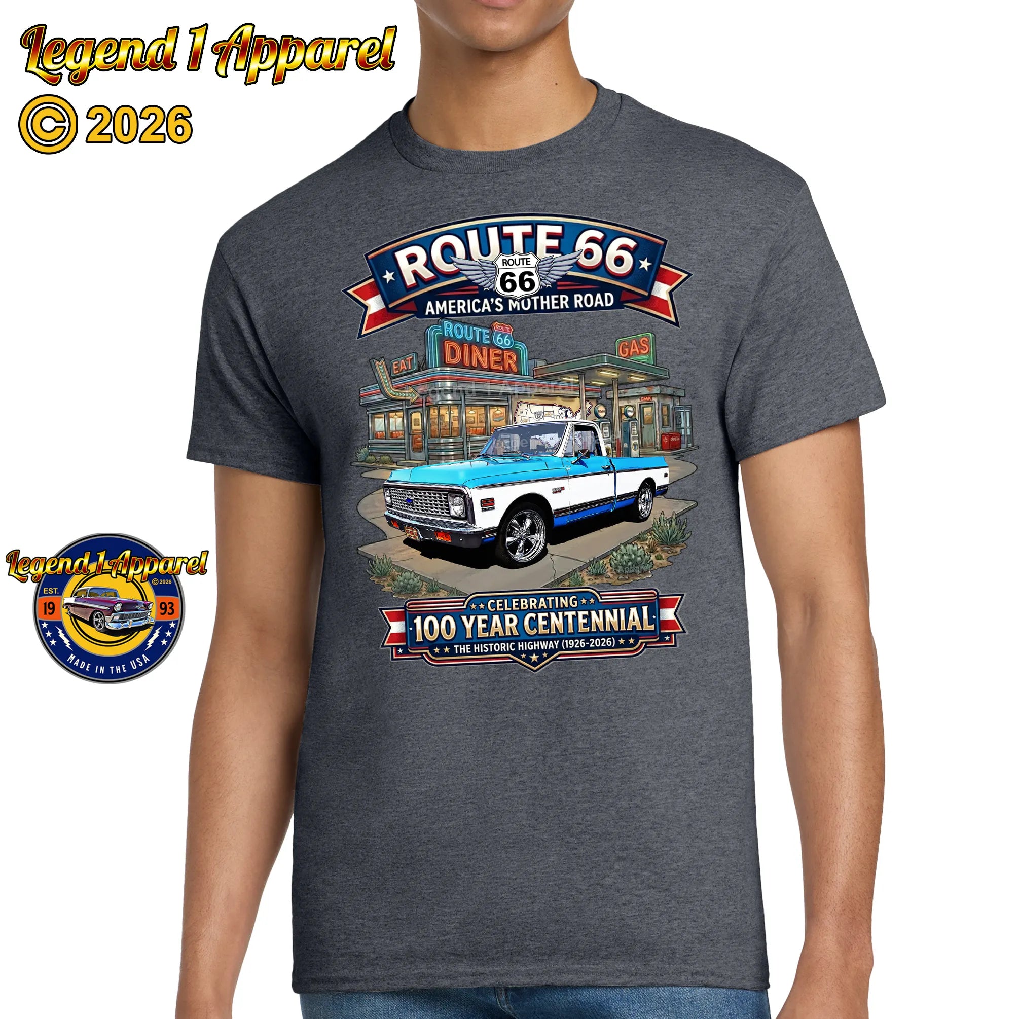 1972 Chevrolet Pick Up C10 Square Body Classic Truck Graphic Tee – Route 66 Centennial T-Shirt