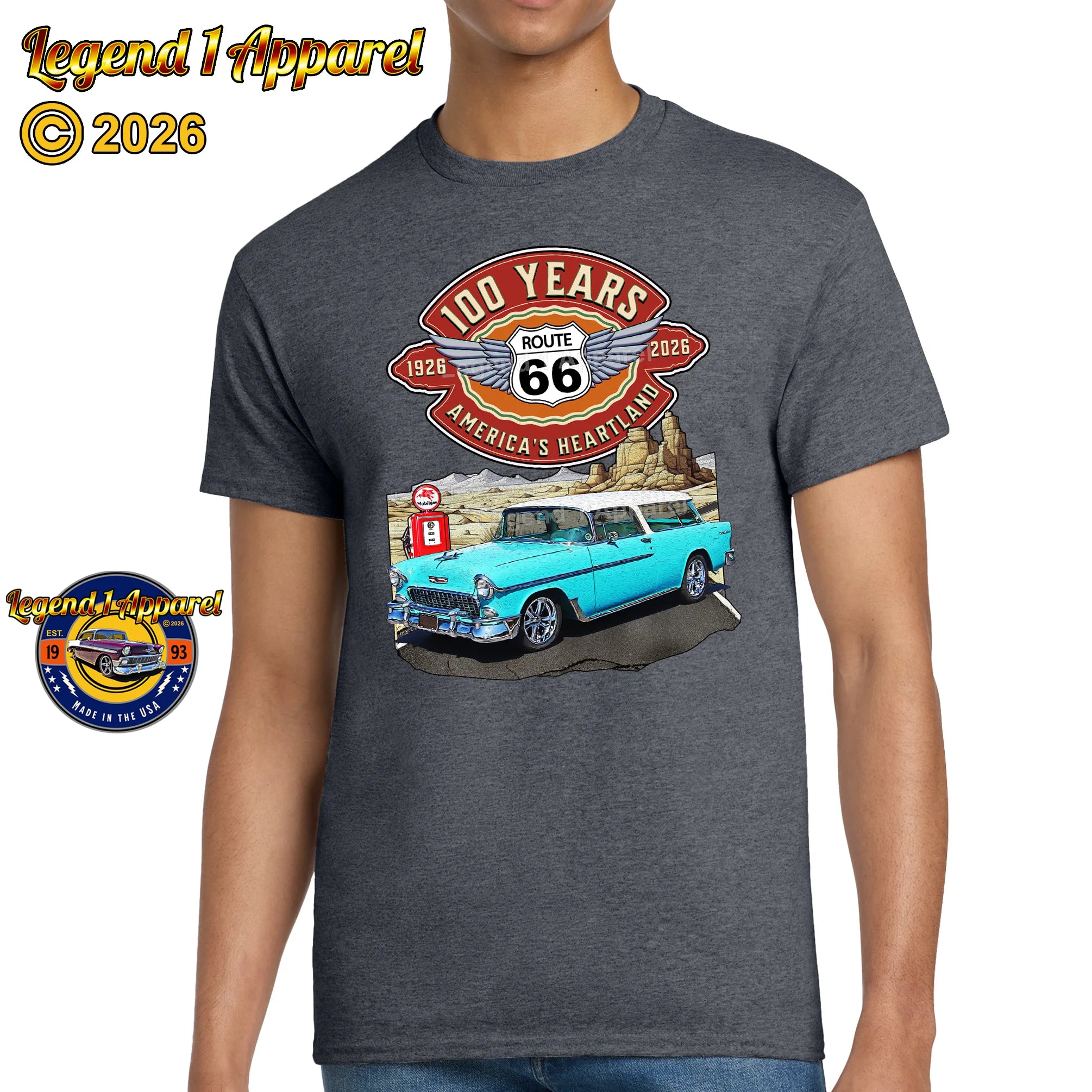 1955 Chevrolet Bel Air Nomad Classic Car Graphic Tee – Route 66 100 Years T-Shirt