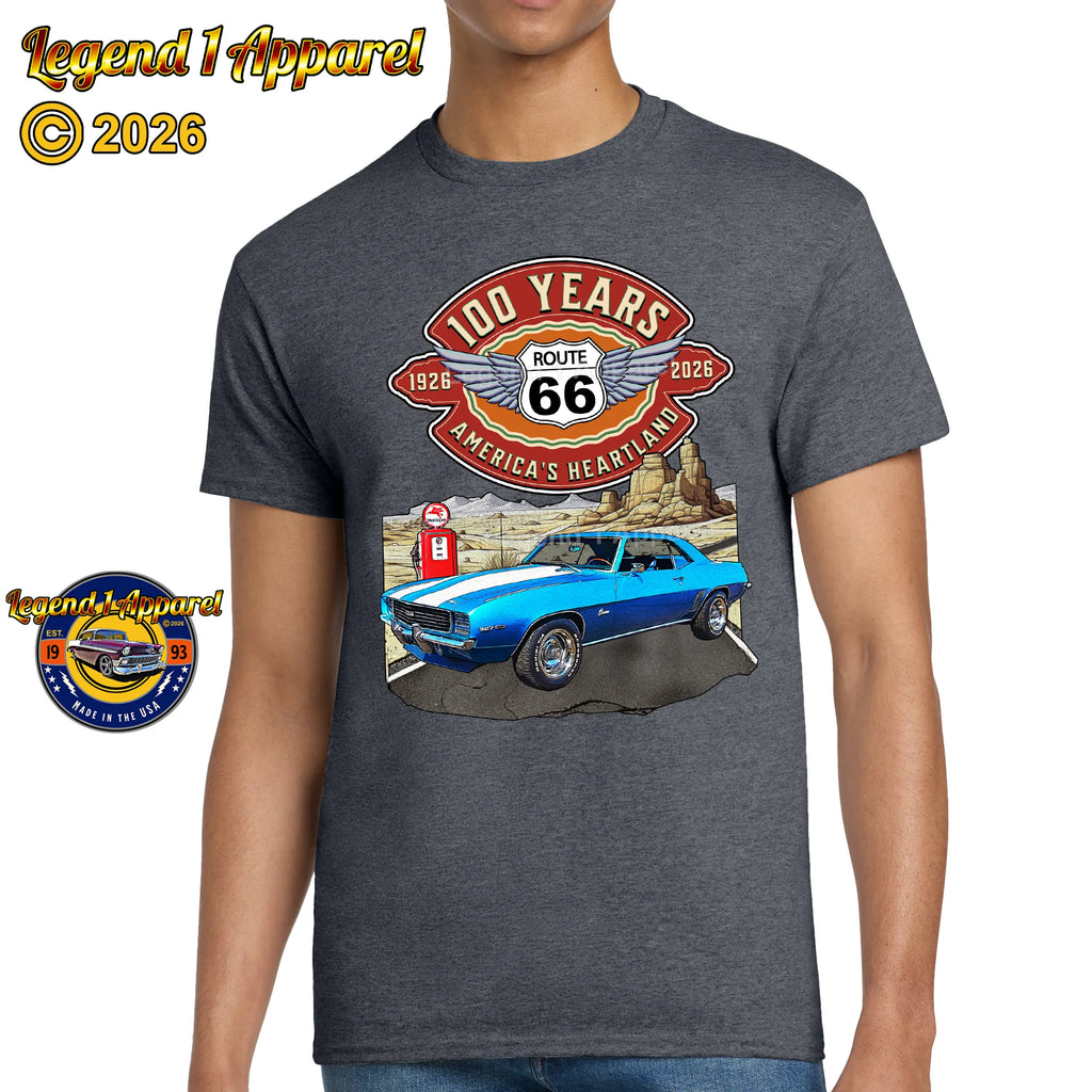 1969 Chevrolet Camaro Classic Car Graphic Tee – Route 66 100 Years T-Shirt