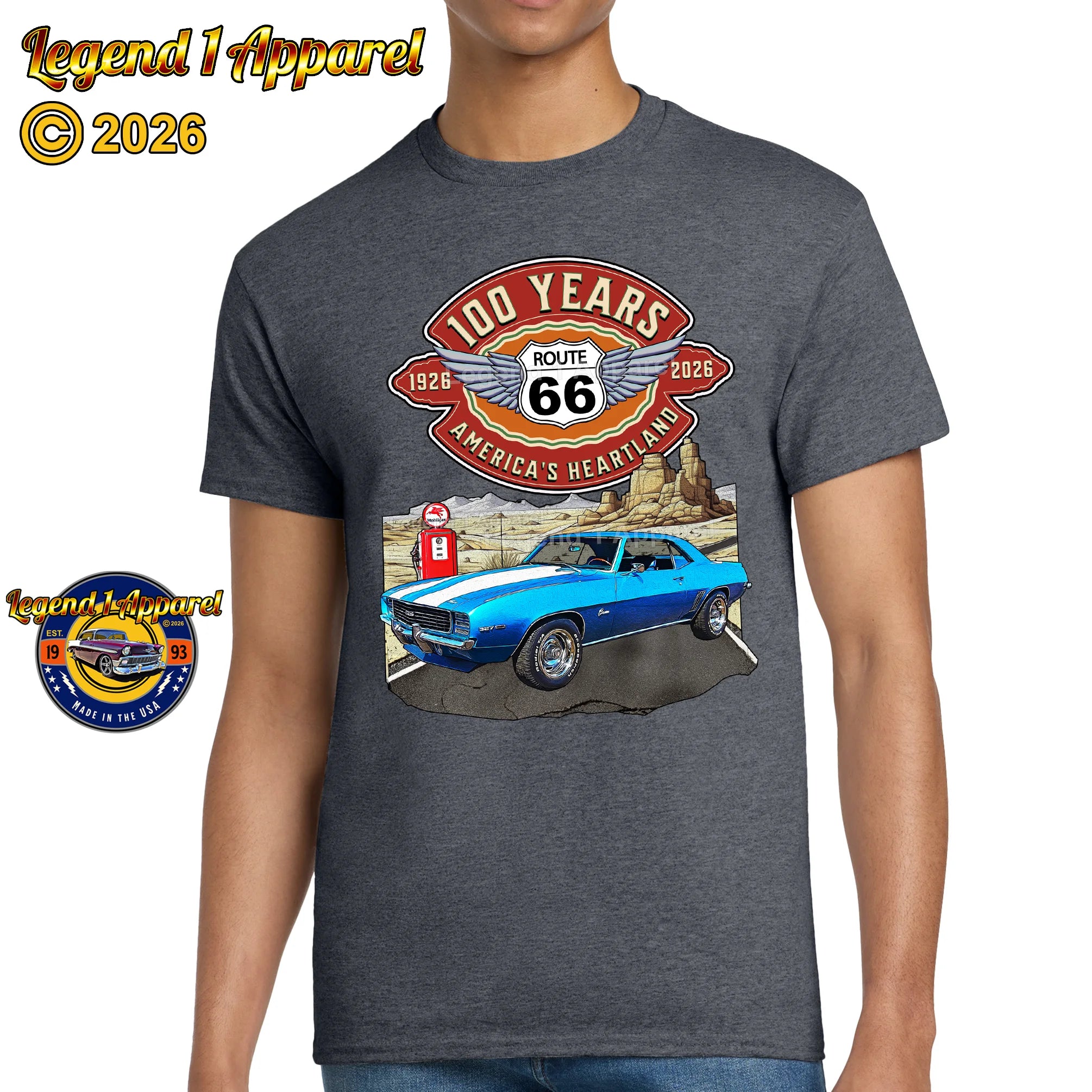 1969 Chevrolet Camaro Classic Car Graphic Tee – Route 66 100 Years T-Shirt
