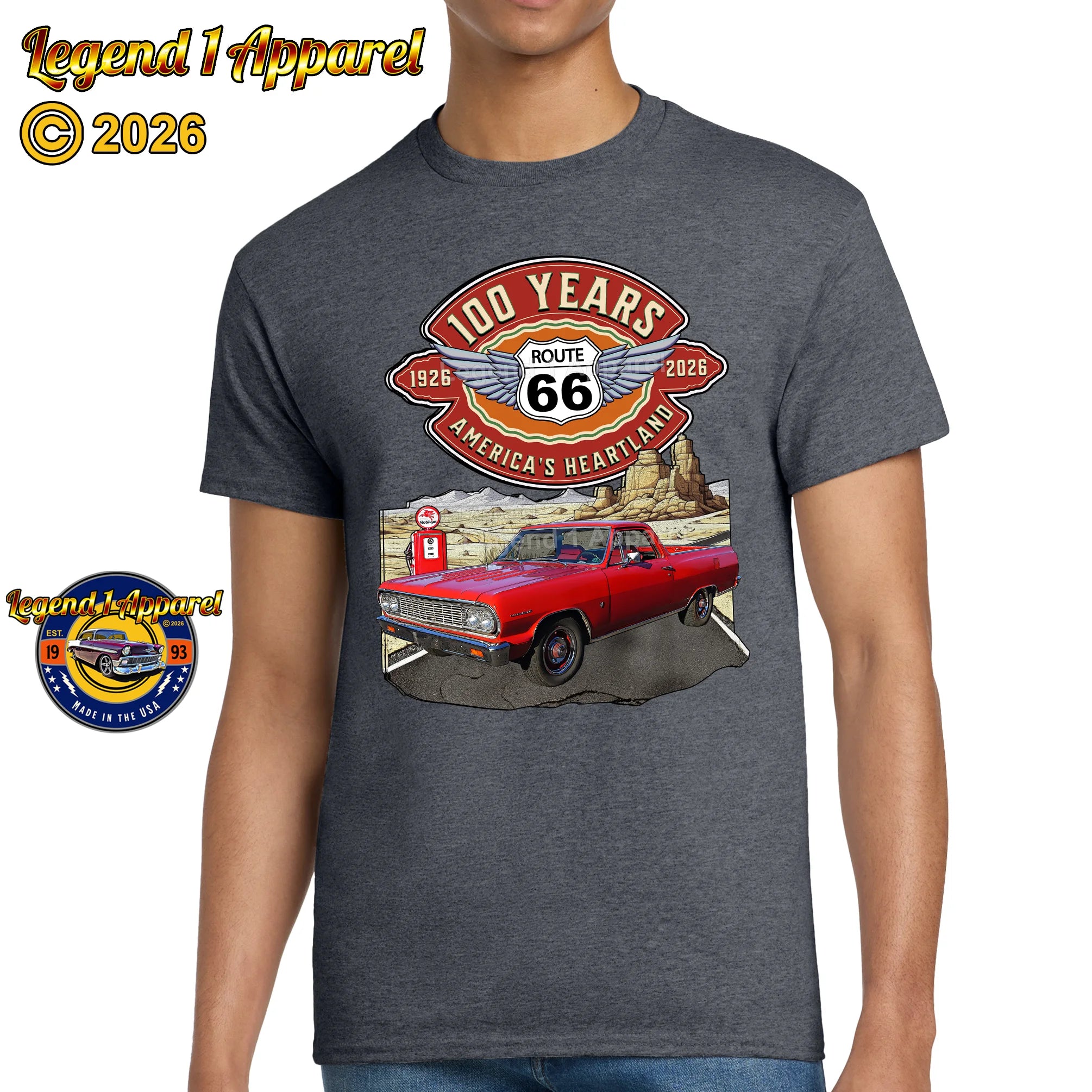 1964 Chevrolet El Camino Classic Truck Graphic Tee – Route 66 100 Years T-Shirt