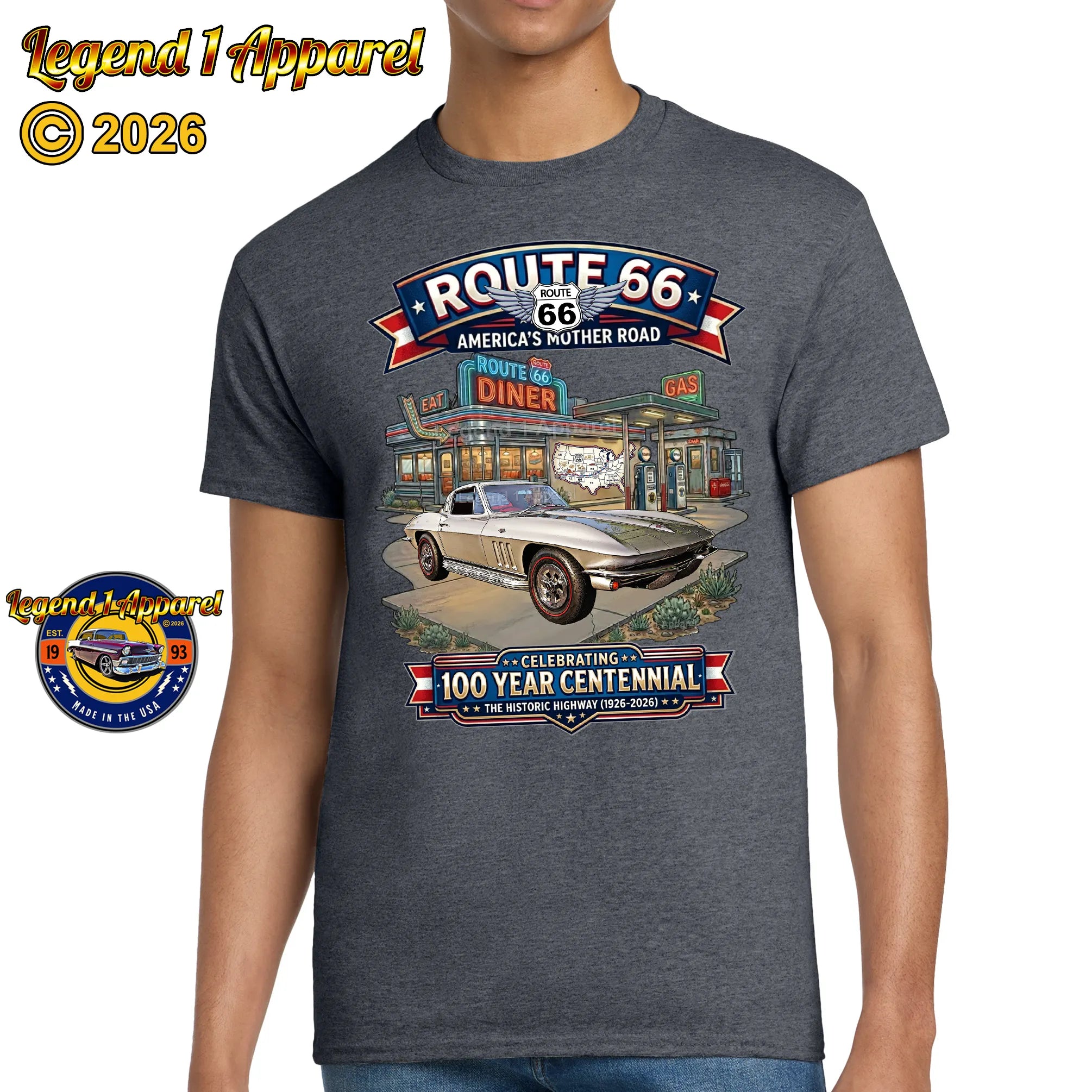 1965 Chevrolet Corvette C2 Classic Car Graphic Tee – Route 66 Centennial T-Shirt