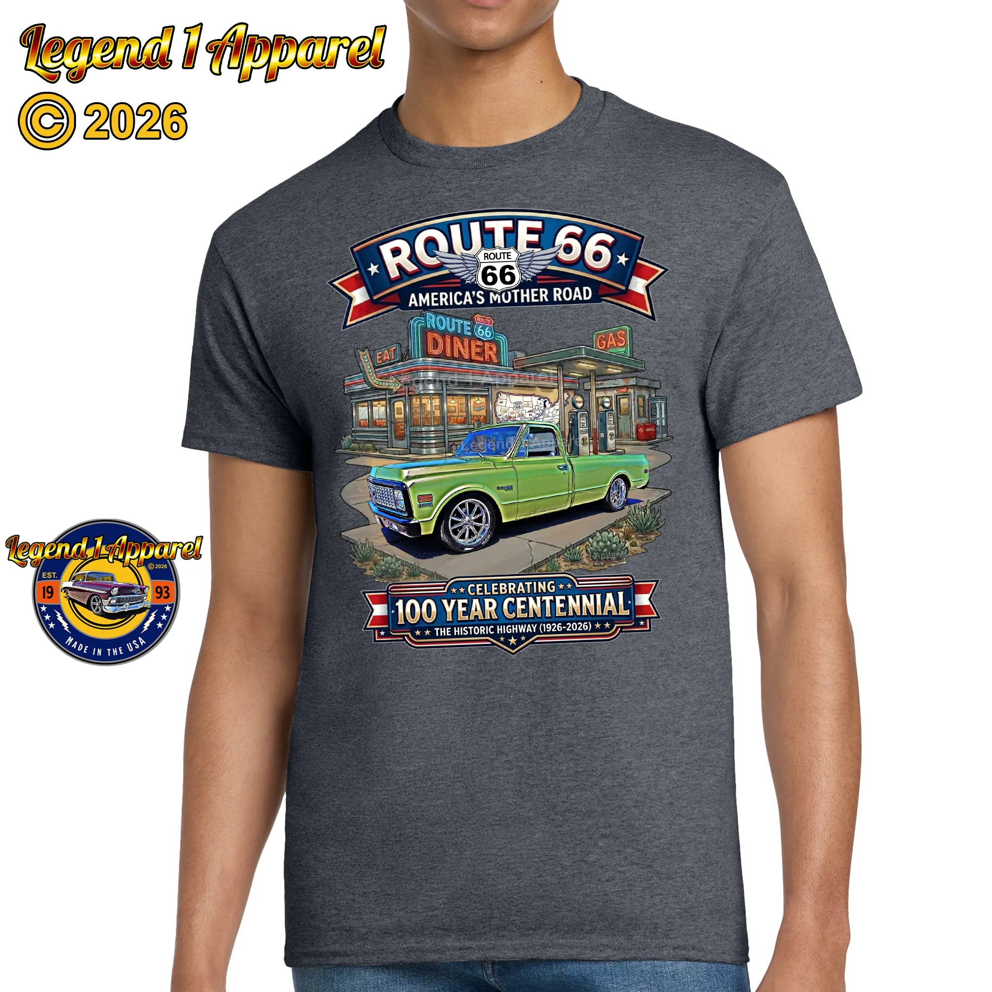 1972 Chevrolet Pick Up C10 Square Body Classic Truck Graphic Tee – Route 66 Centennial T-Shirt