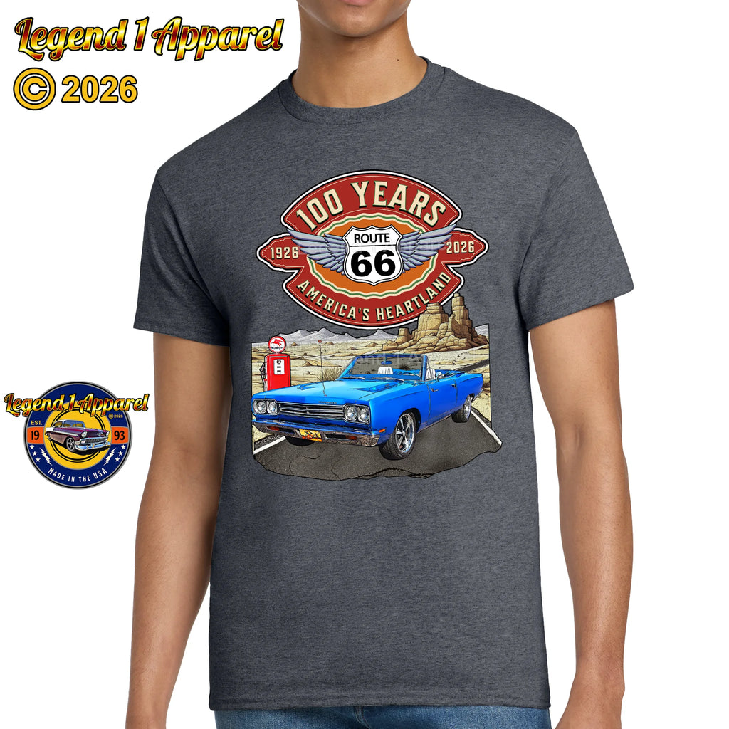 1969 Plymouth RoadRunner Classic Car Graphic Tee – Route 66 100 Years T-Shirt