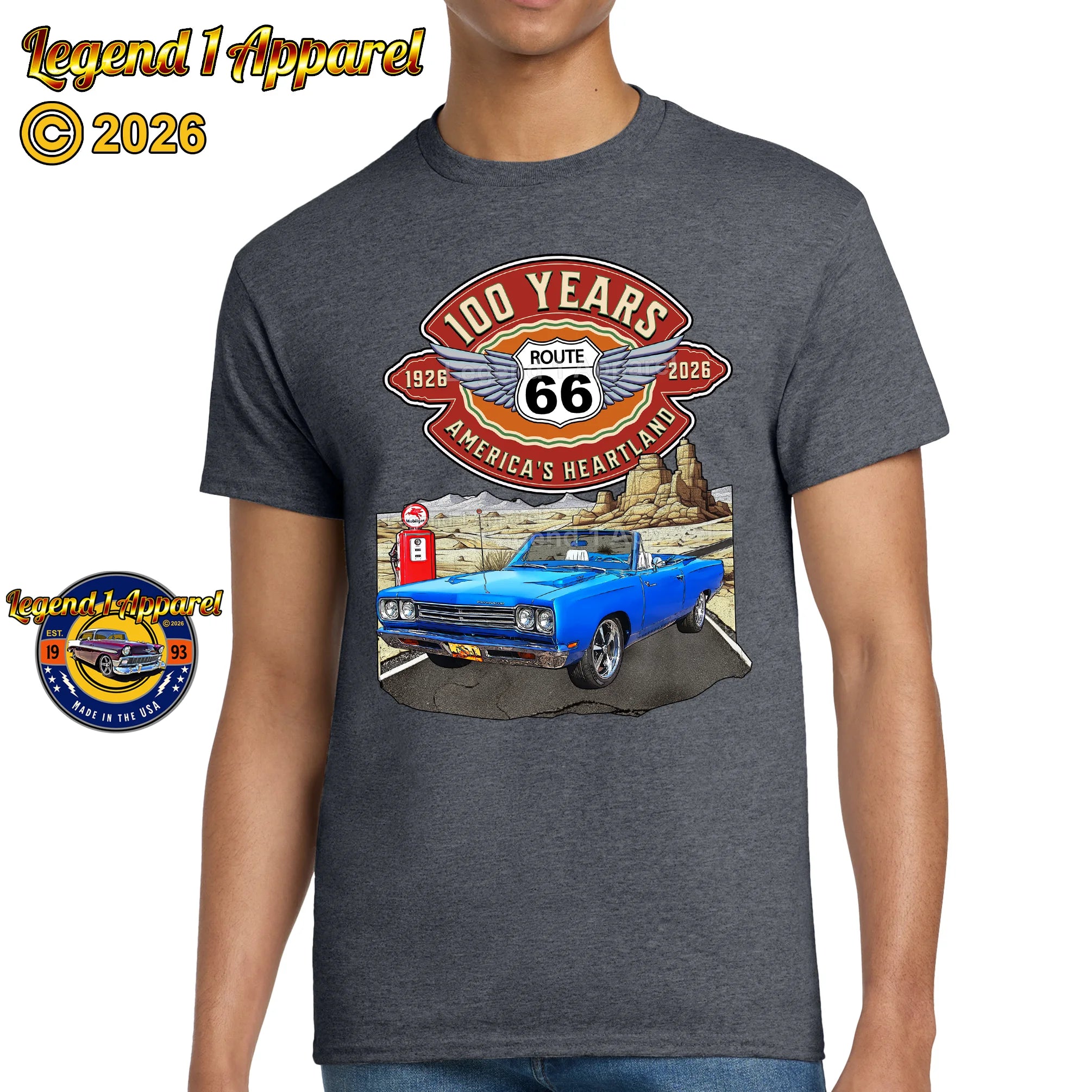 1969 Plymouth RoadRunner Classic Car Graphic Tee – Route 66 100 Years T-Shirt
