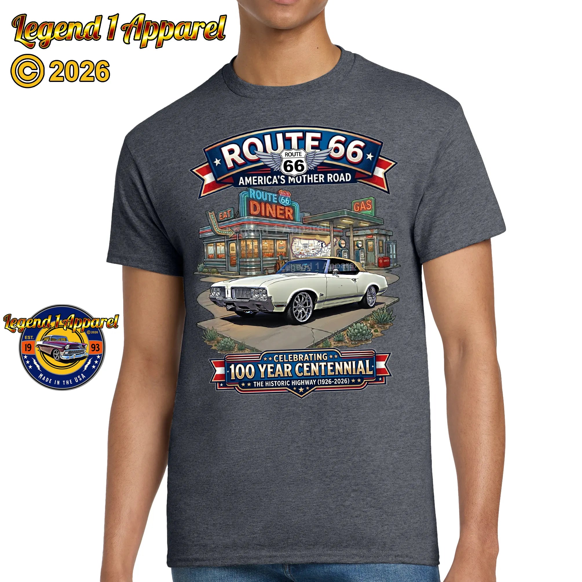 1970 Oldsmobile Cutlass Supreme Convertible Classic Car Graphic Tee – Route 66 Centennial T-Shirt