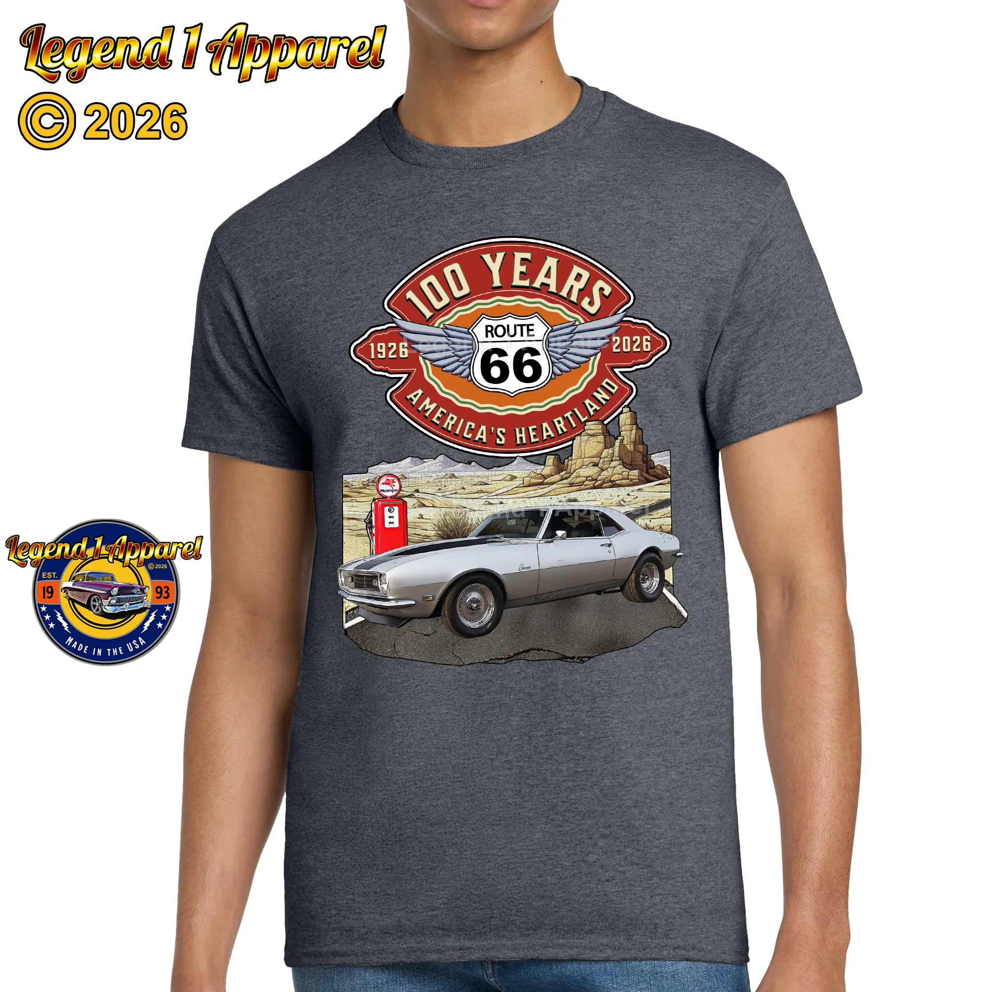 1968 Chevrolet Camaro Classic Car Graphic Tee – Route 66 100 Years T-Shirt