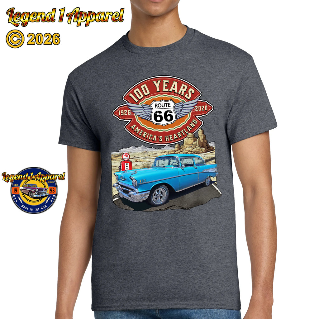 1957 Chevrolet Bel Air Coupe Classic Car Graphic Tee – Route 66 100 Years T-Shirt
