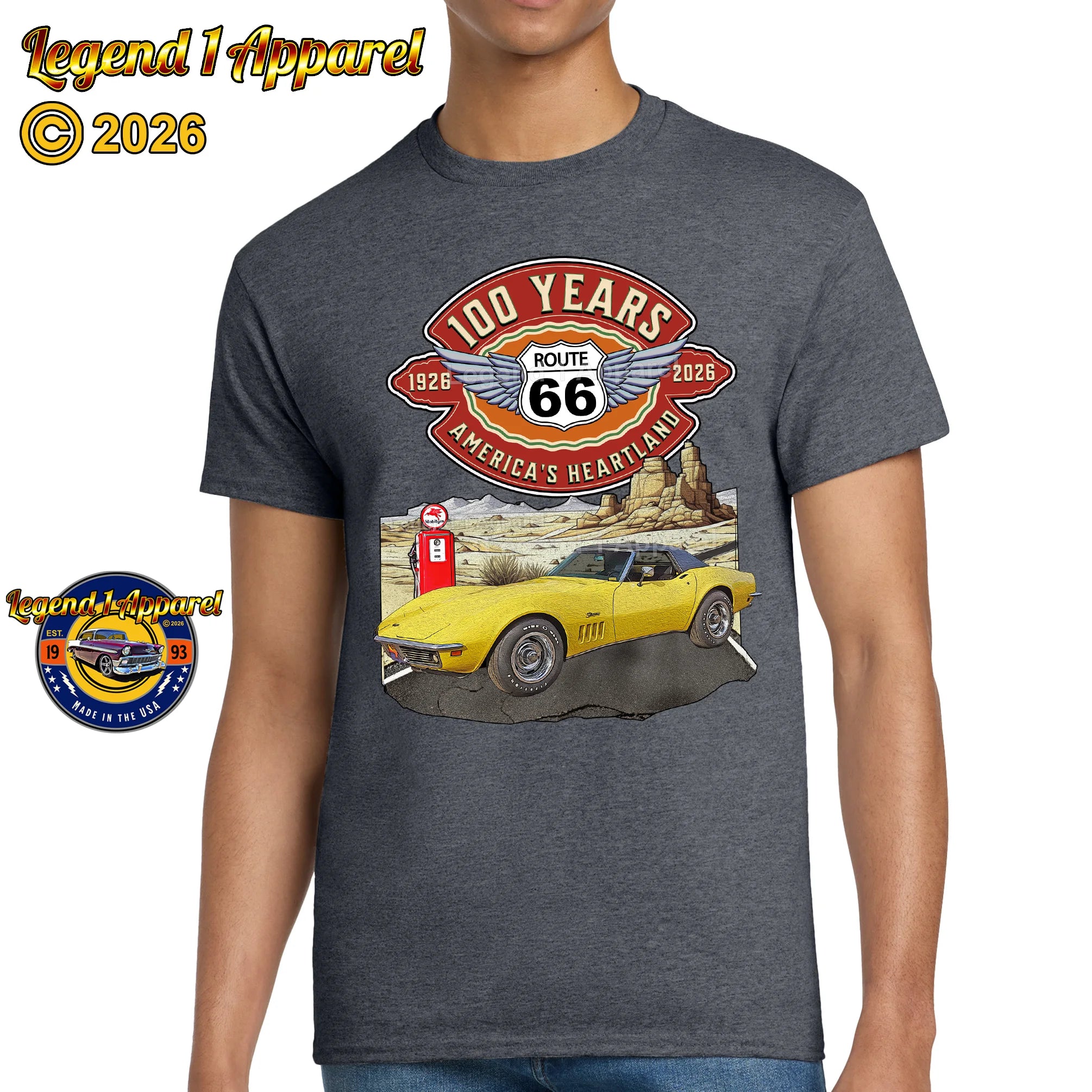 1969 Chevrolet Corvette C3 Classic Car Graphic Tee – Route 66 100 Years T-Shirt