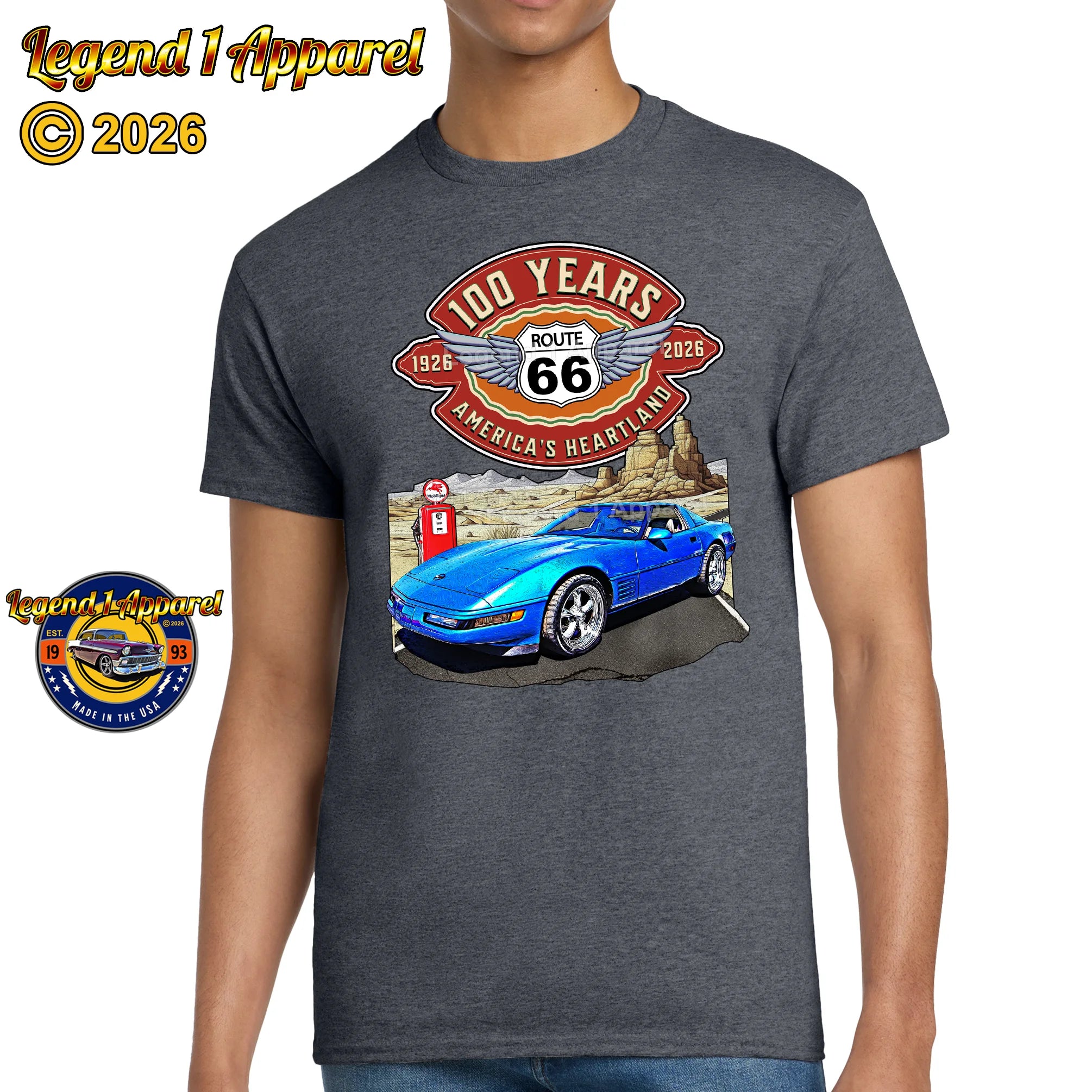 1992 Chevrolet Corvette C4 Classic Car Graphic Tee – Route 66 100 Years T-Shirt